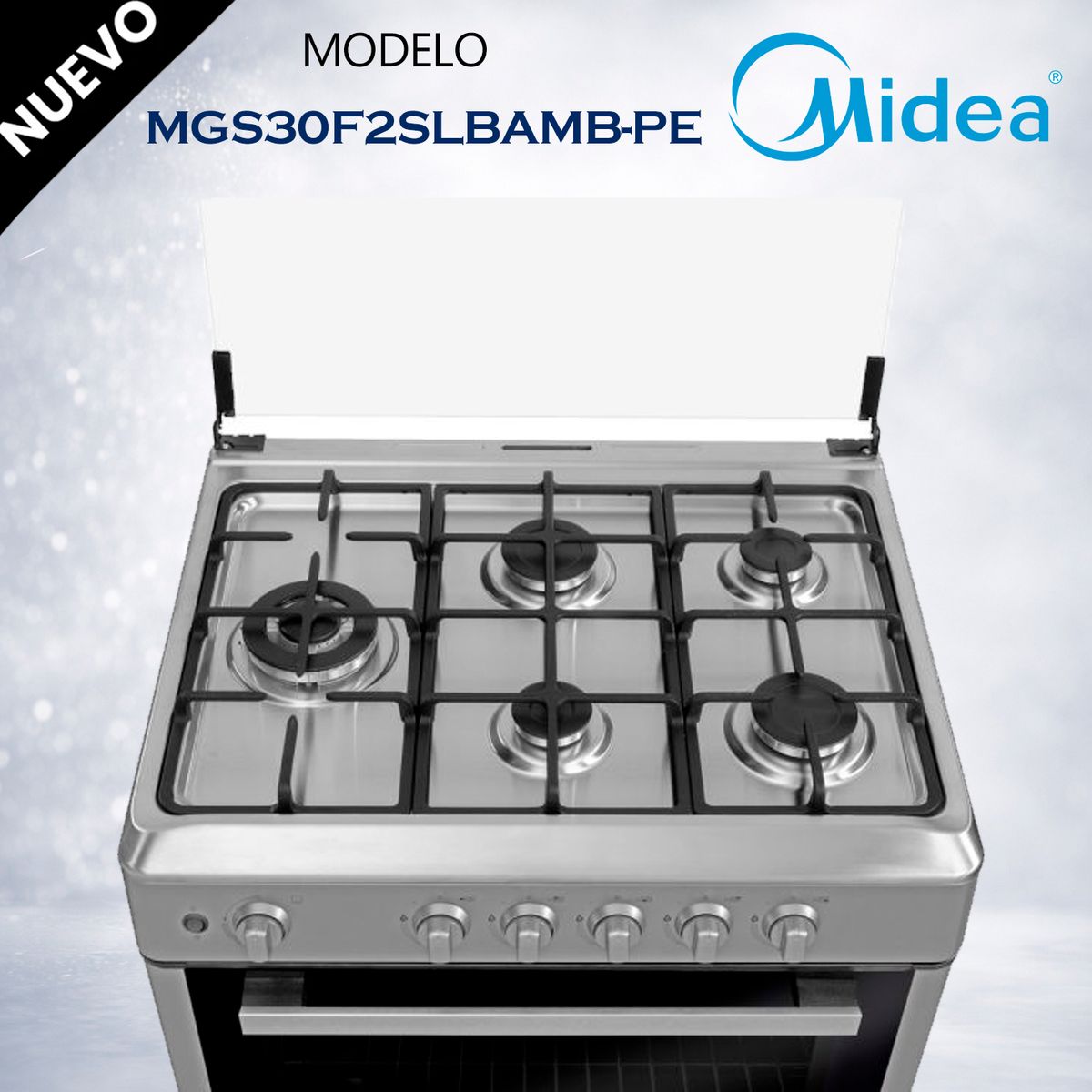 MIDEA - MGS30FS2LBAMB-PE - Cocina De Pie 1 Horno 5 Hornillas, Parrillas Hierro Fundido, Silver, 30" Midea