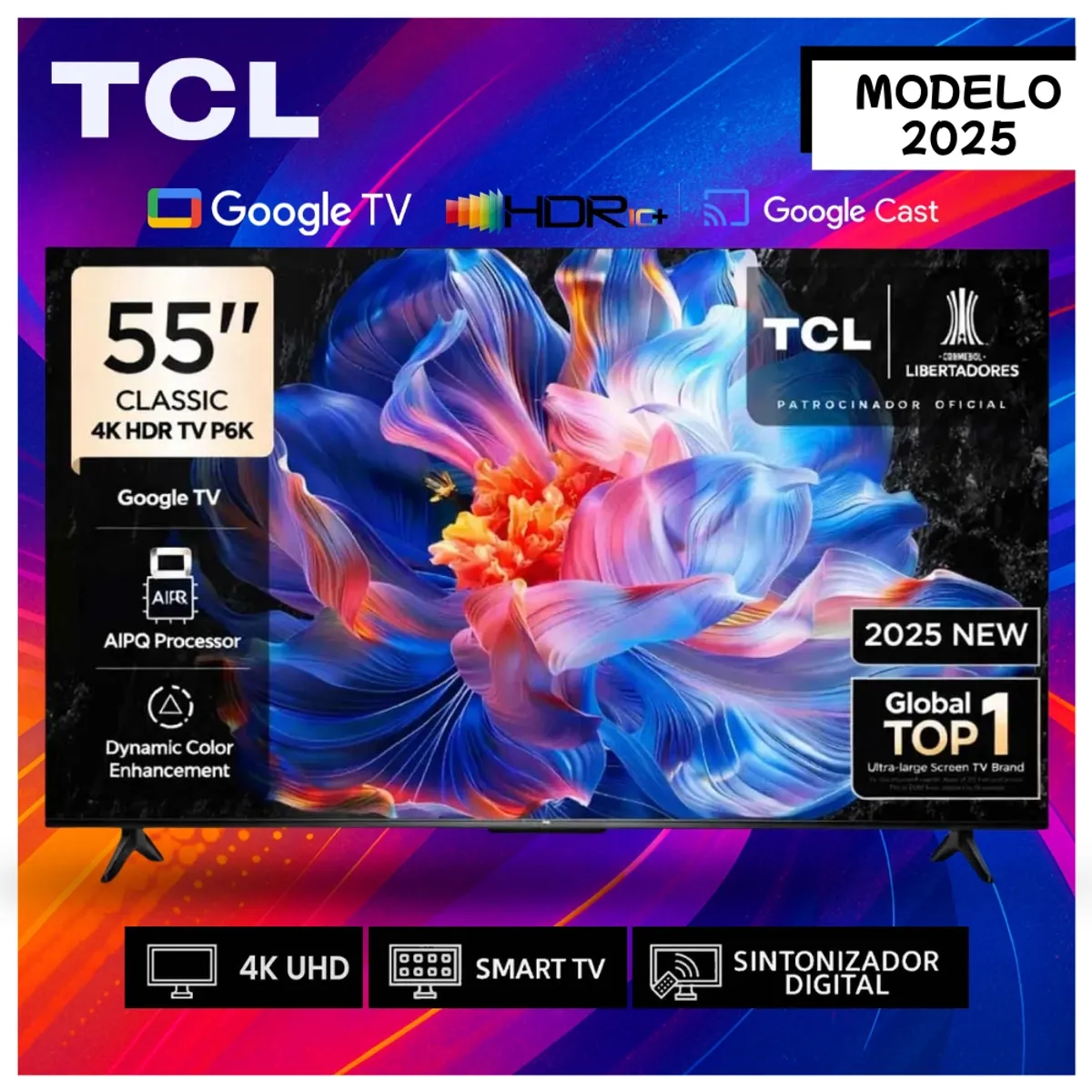 TCL - Televisor TCL 55"  Pulg.  UHD 4K Google TV 55P6K Smart TV - Negro