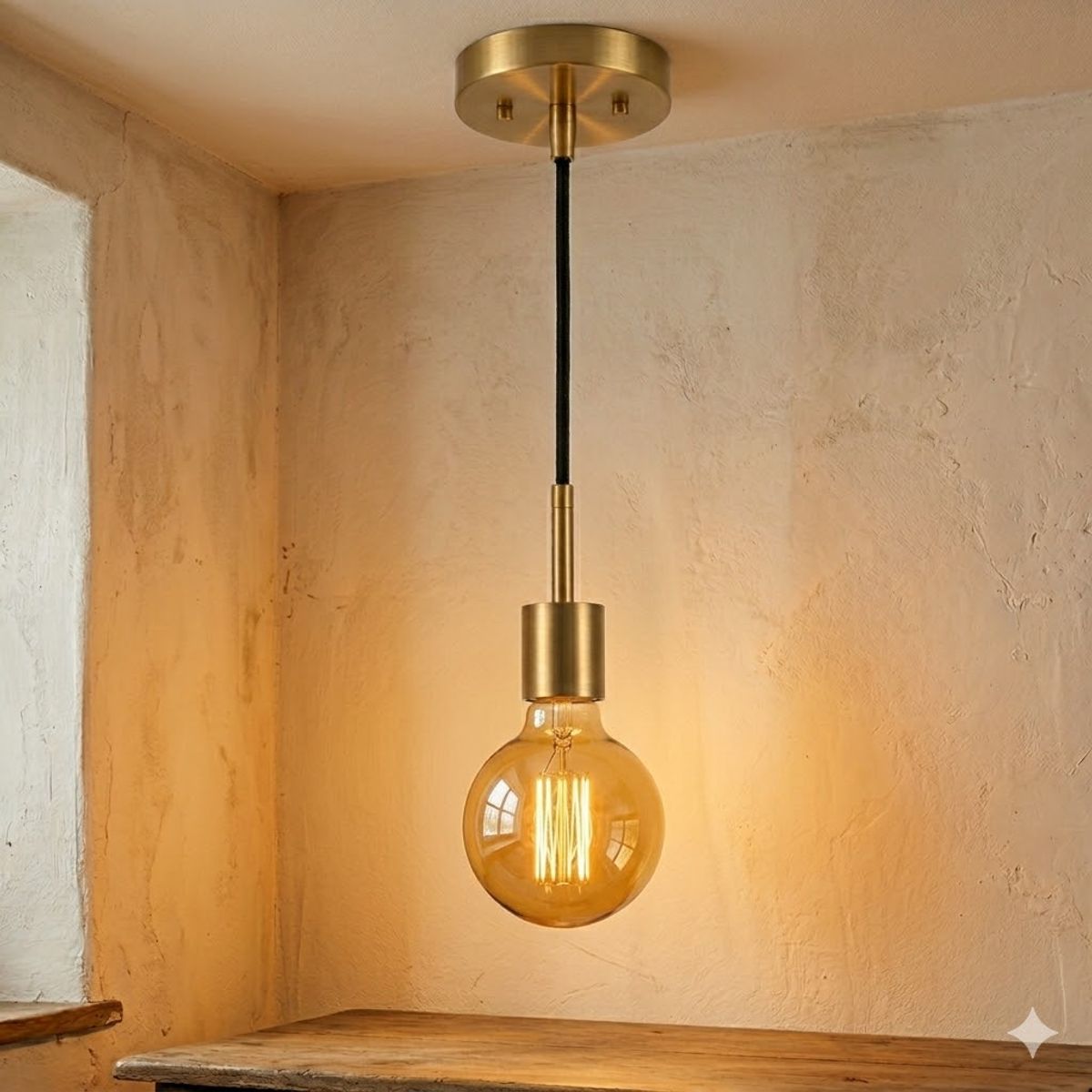 CEMLIGHTING - Set Lámpara Colgante Vintage Oro Canopla D12cm 1.2 Metros Largo + Foco LED Bola G95 8W Luz Cálida