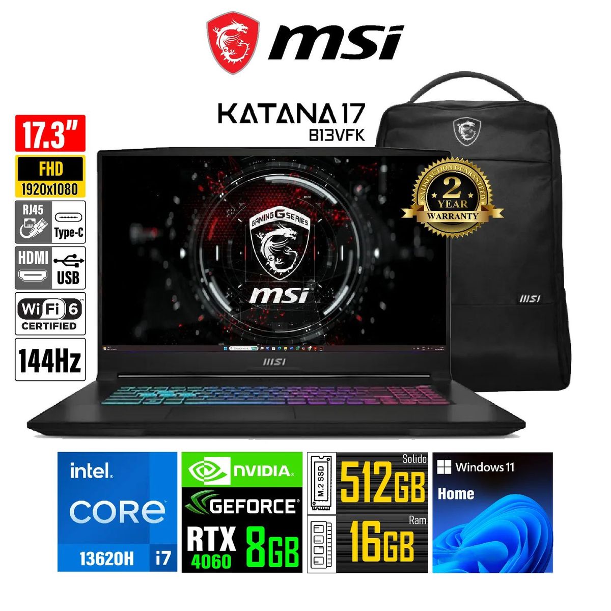 Laptop Gamer MSI KATANA 17 B13VFK-1293PE 17.3" Intel® Core i7-13620H 16GB DDR5 512GB SSD RTX 4060, marca MSI - Foto Principal