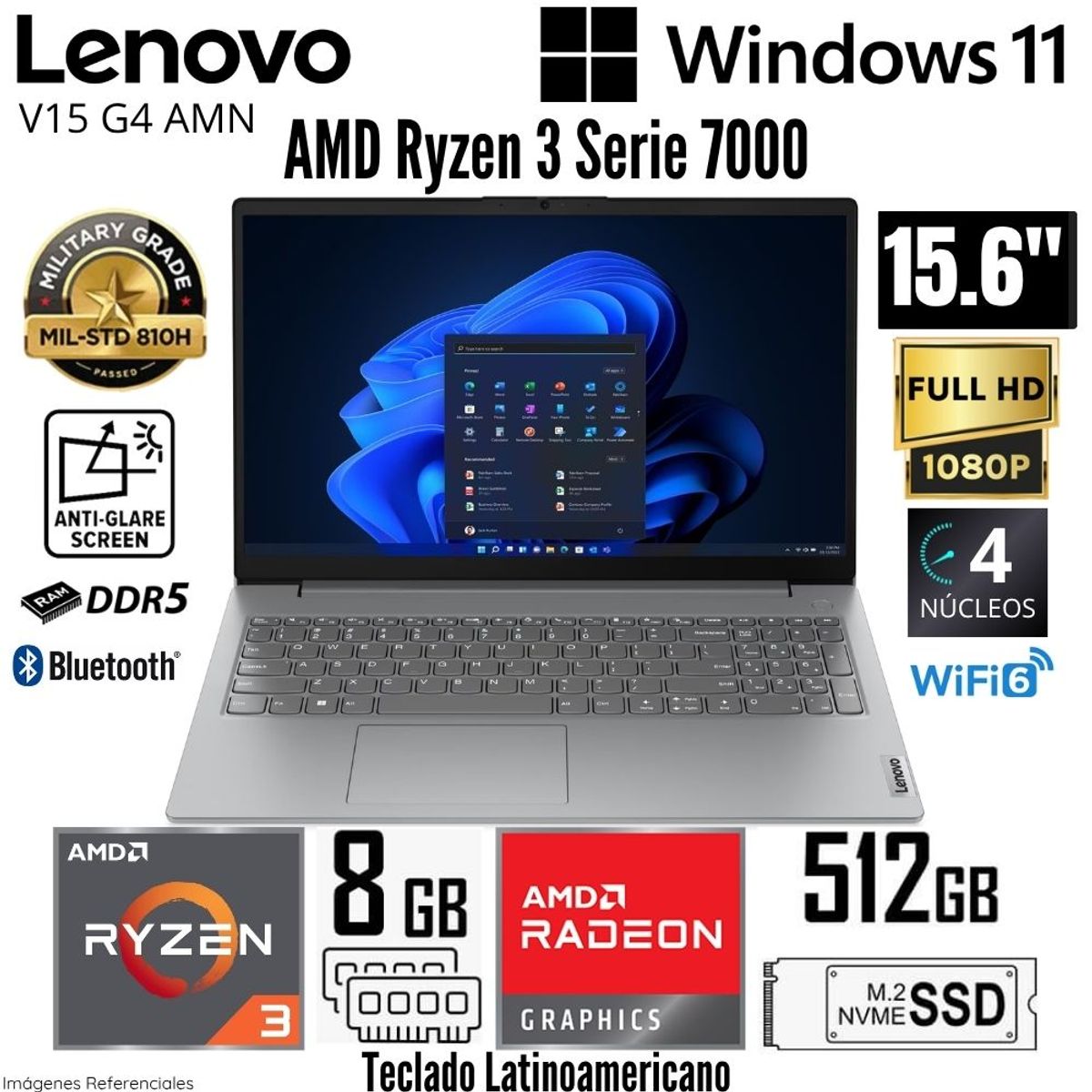 LENOVO - Laptop Lenovo V15 G4 AMN AMD Ryzen 3 7320U 8GB RAM 512GB SSD 15.6"  FHD Artic Grey - 82YU017LLM