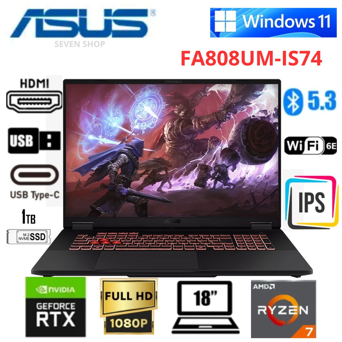 ASUS - Laptop Gamer ASUS TUF A18 FA808UM-IS74 18″ AMD Ryzen 7 260 16GB RAM 1TB SSD RTX 5060 W11