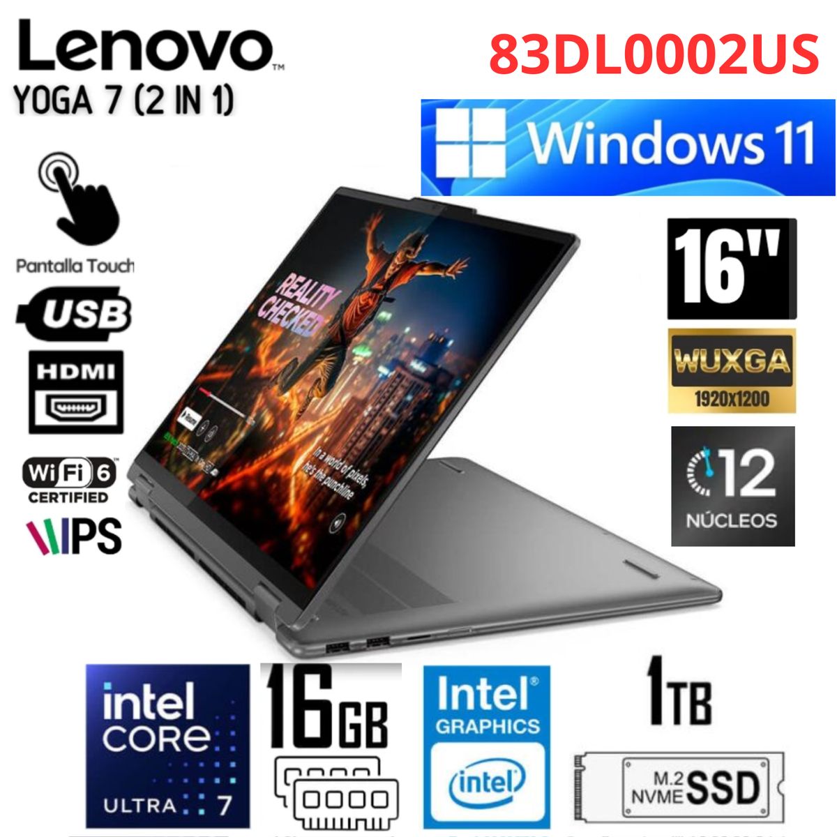 LENOVO - Laptop Lenovo Yoga 7 2 en 1 Intel Core Ultra 7 155U 16 GB DDR5 RAM 1TB SSD 16"  WUXGA TouchScreen