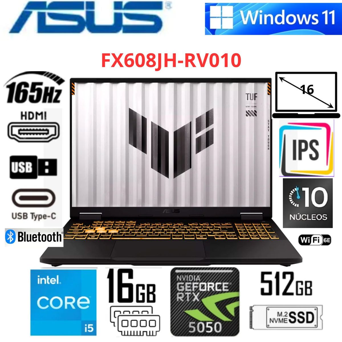 ASUS - Laptop Gaming ASUS TUF Gaming F16 y 16" WUXGA Intel Core i5-13450HX 16GB RAM 512GB SSD RTX 5050 8GB