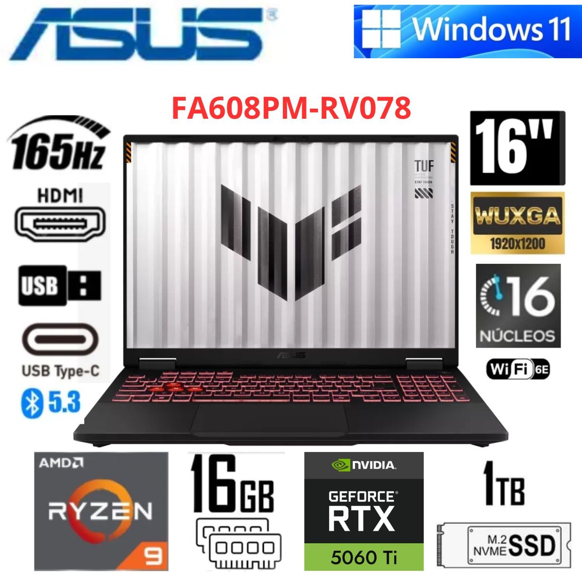 ASUS - Laptop Gaming ASUS TUF Gaming A16  16" WUXGA Ryzen 9 8940HX 16GB RAM 1TB SSD RTX 5060 8GB