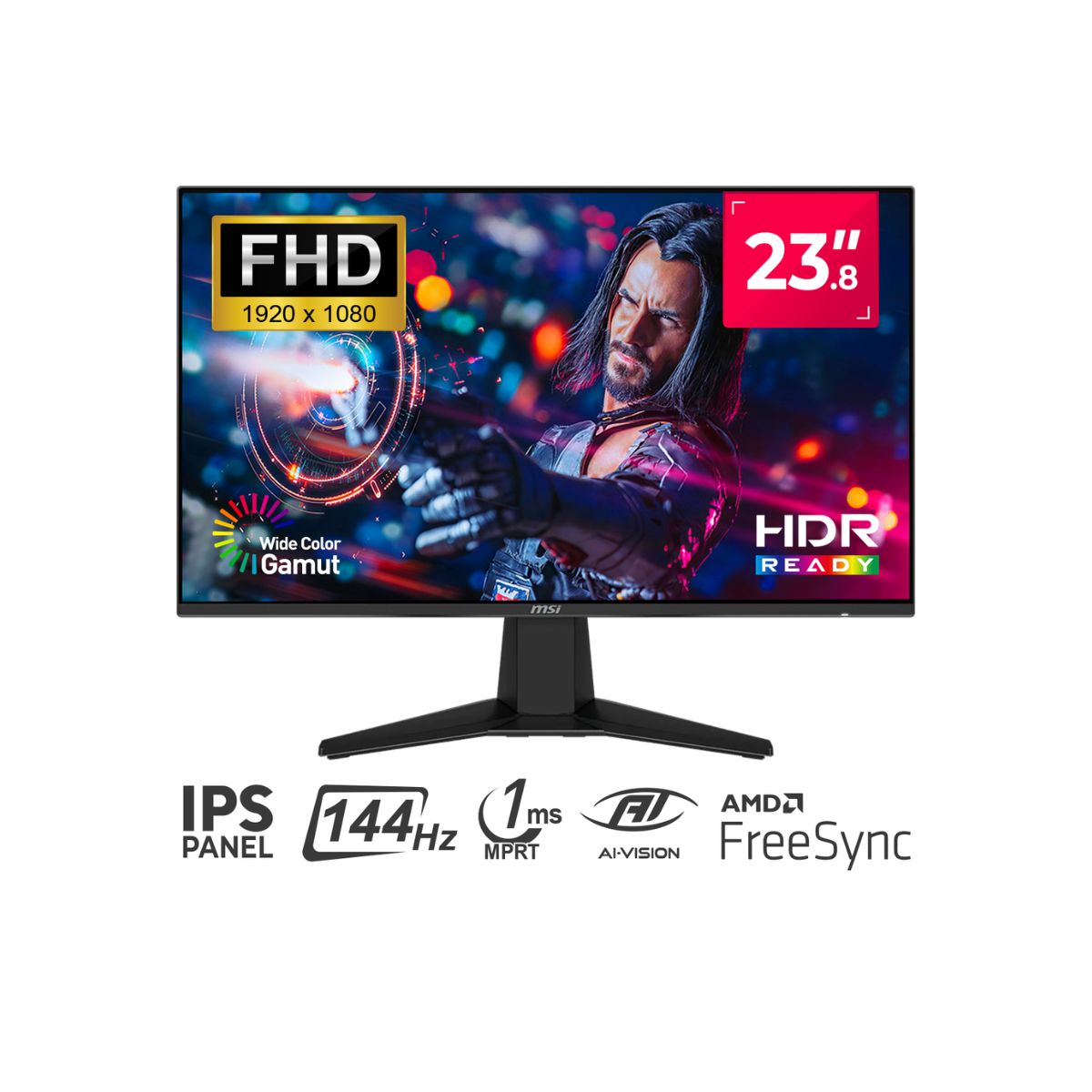 MSI - MONITOR PLANO MSI G242L E14 23.8" FHD IPS 1920 x 1080 HDMI DP 144 Hz 1Ms, Color Negro