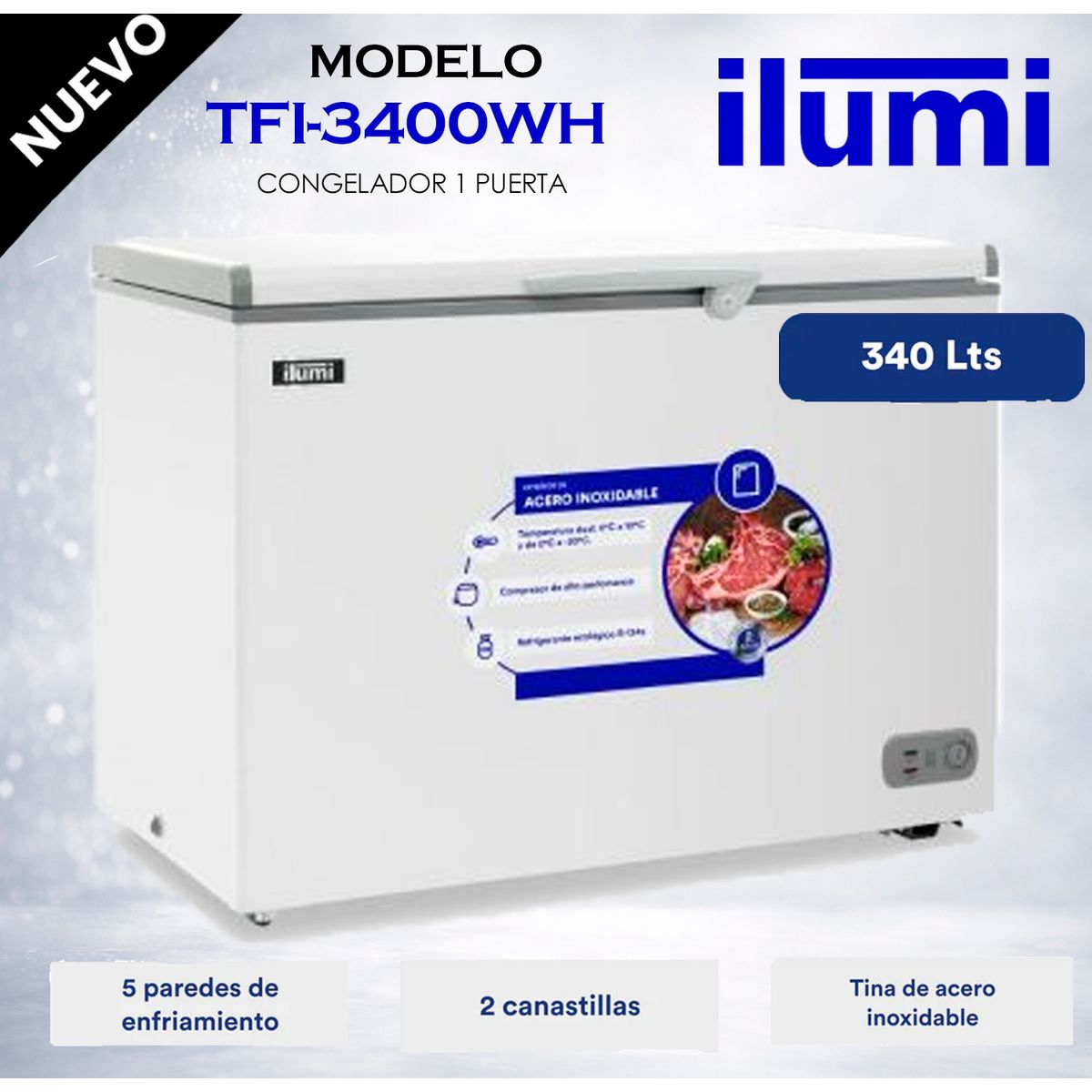 ILUMI - TFI-3400WH - Congelador Horizontal Con Tina De Acero Inoxidable 340Lt Blanco Ilumi