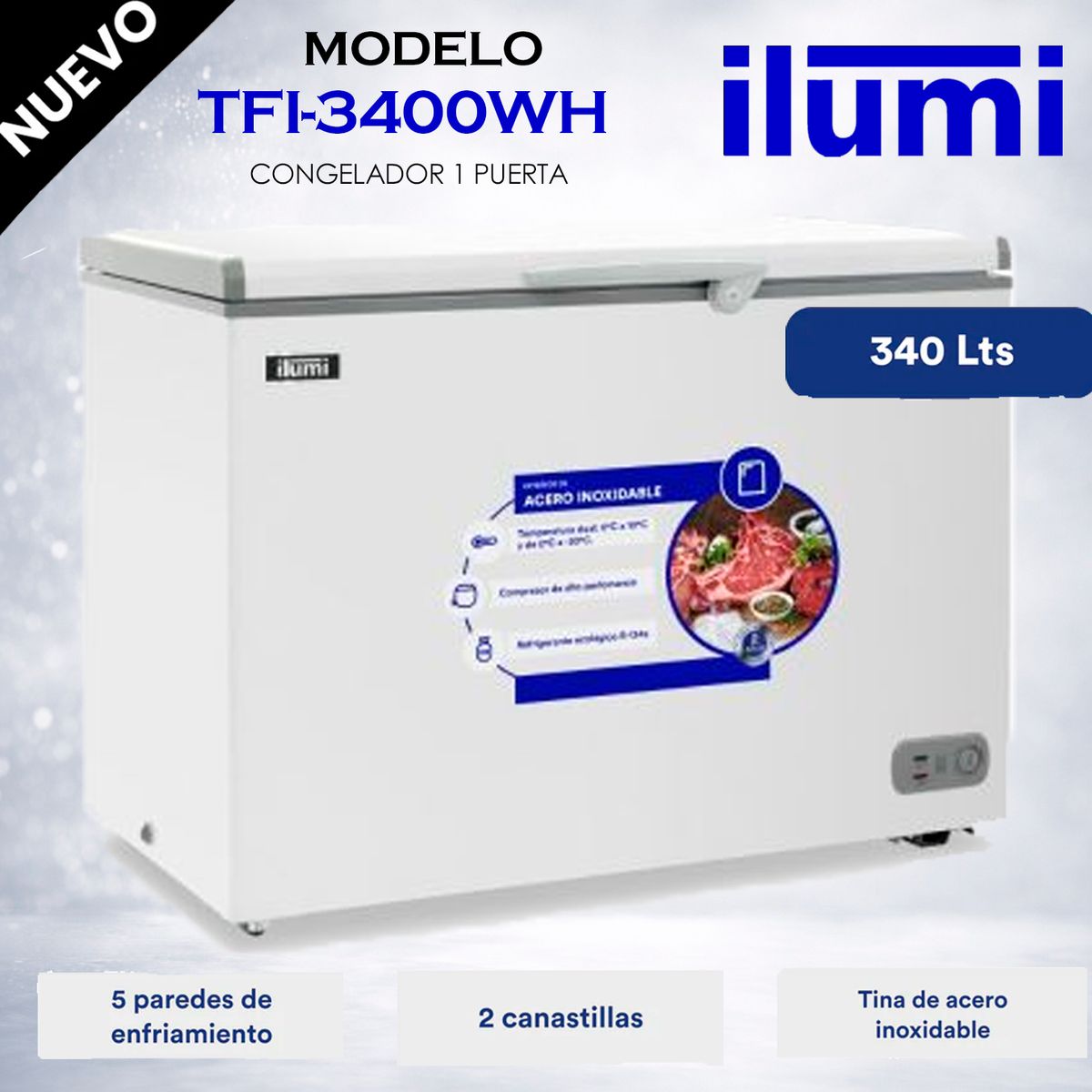 ILUMI - TFI-3400WH - Congelador Horizontal Con Tina De Acero Inoxidable 340Lt Blanco Ilumi