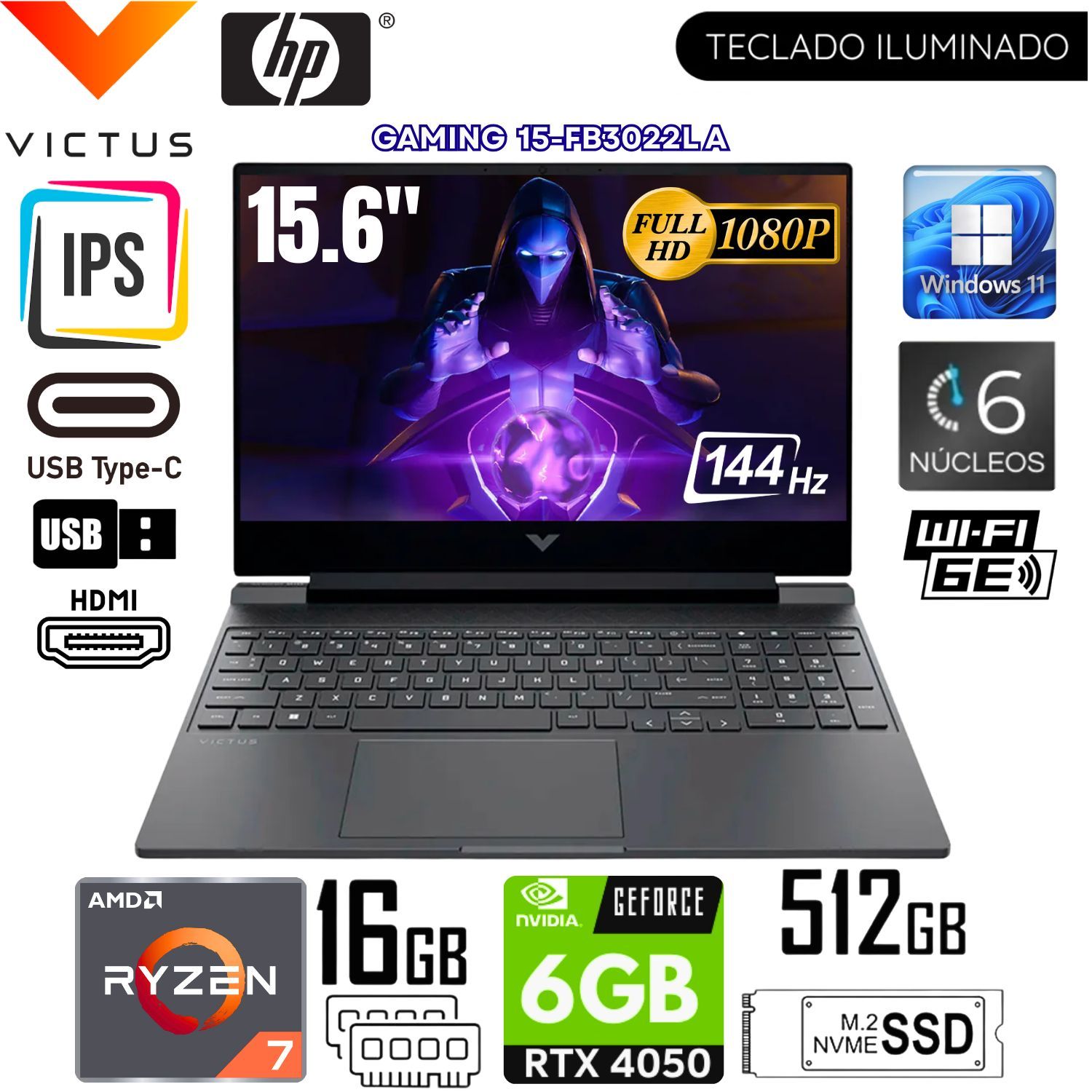 Laptop HP Victus 15-FB3022LA AMD Ryzen 7 7445HS 16GB RAM 512GB SSD RTX 4050-6GB 15.6" FHD 144Hz