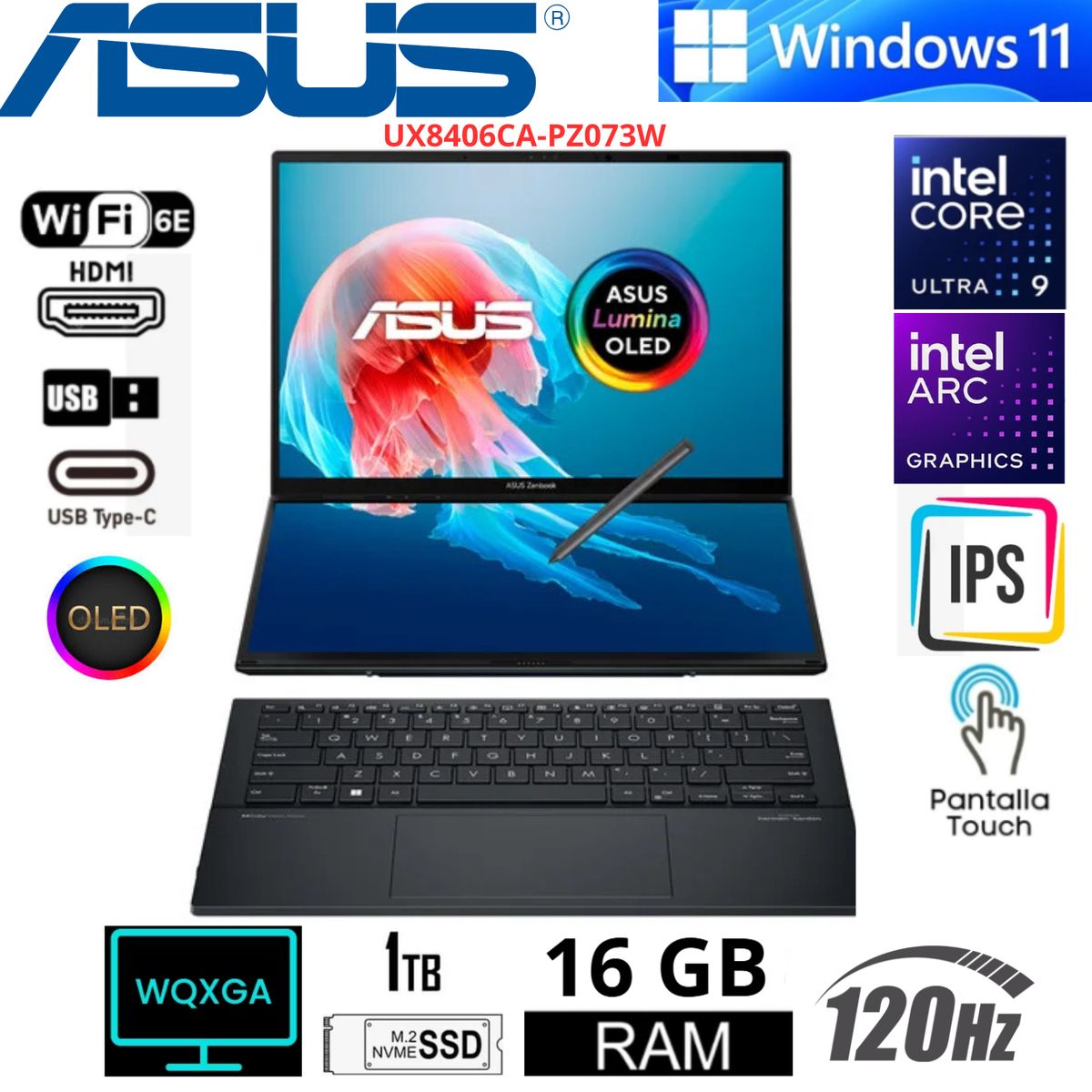 ASUS - Laptop ASUS Zenbook DUO 14″ 3K OLED Touch UX8406CA-PZ073W Intel Core Ultra 9 32GB RAM 1TB SSD Gris W11