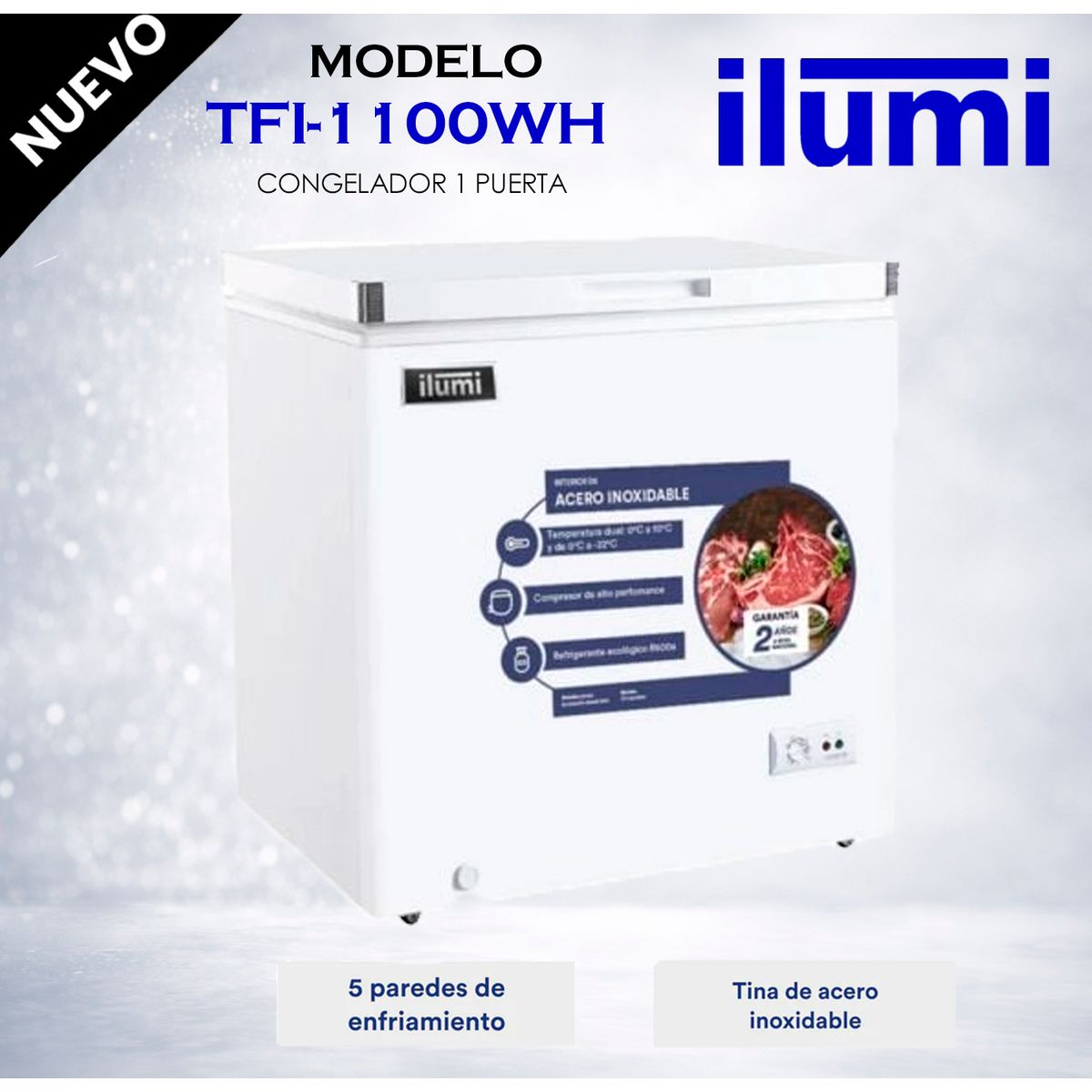 ILUMI - TFI-1100WH - Congelador Con Tina De Acero Inoxidable 110Lt Blanco Ilumi