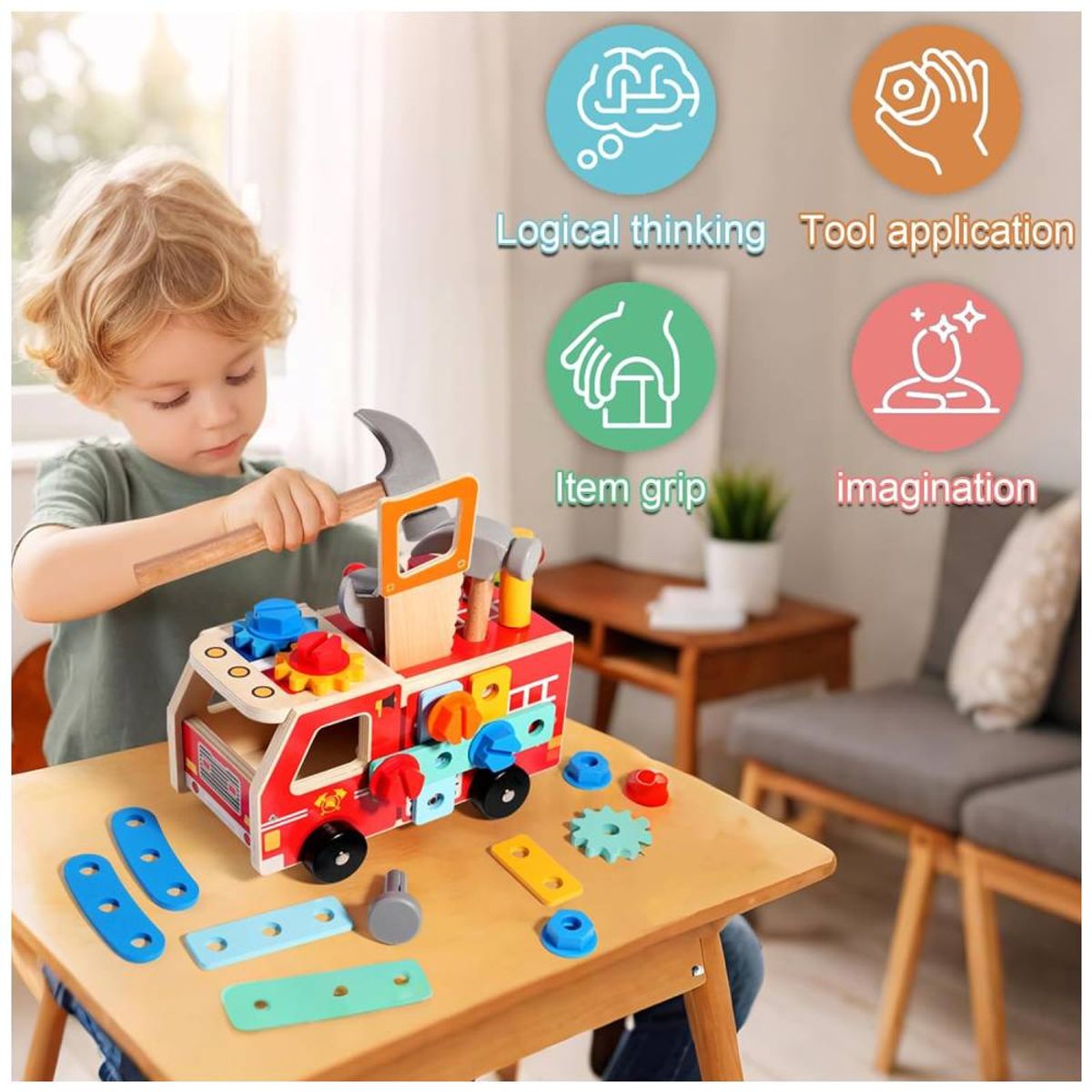 GENERICO - Carro de Bombero con Herramientas Didáctico Montessori para Niños