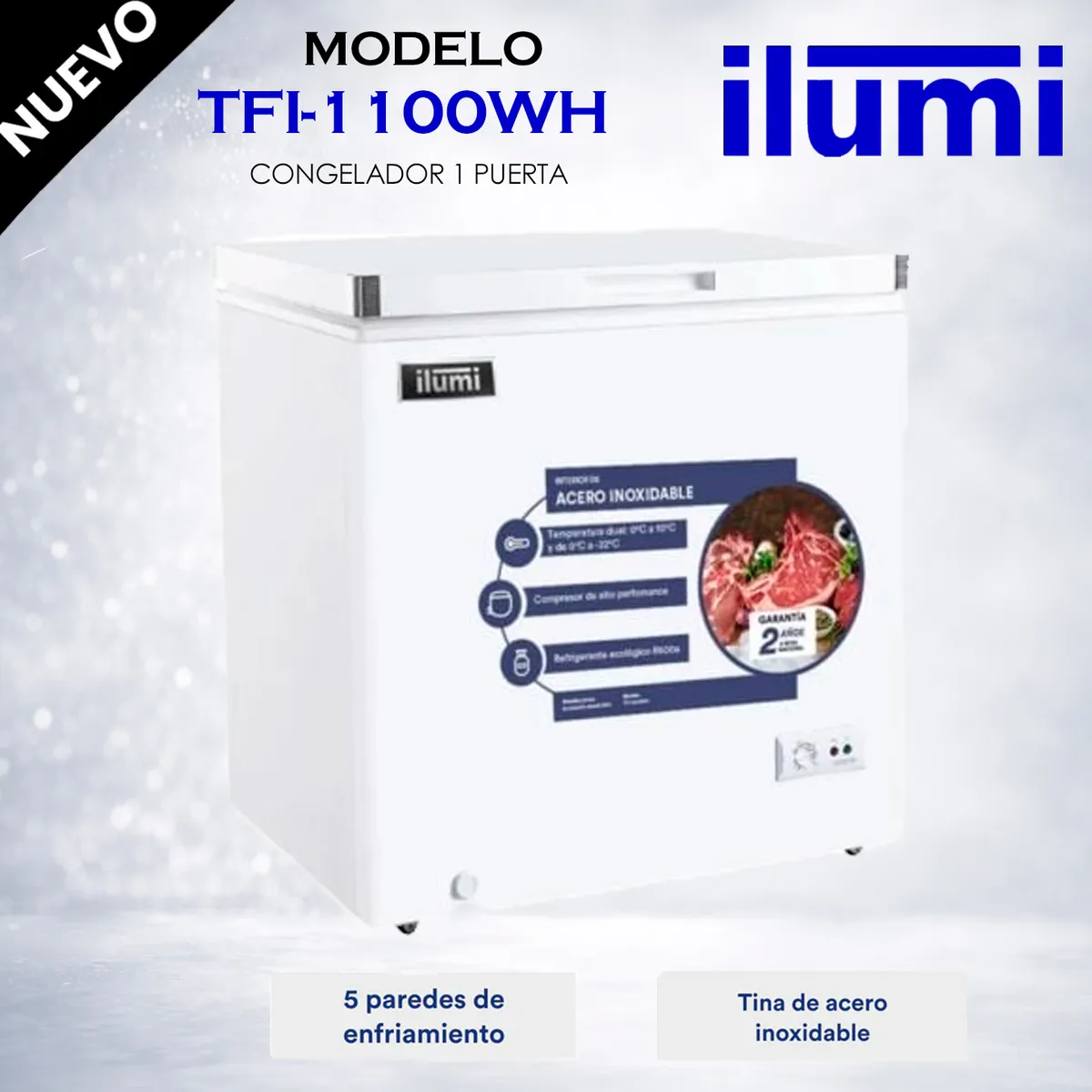 ILUMI - TFI-1100WH - Congelador Con Tina De Acero Inoxidable 110Lt Blanco Ilumi