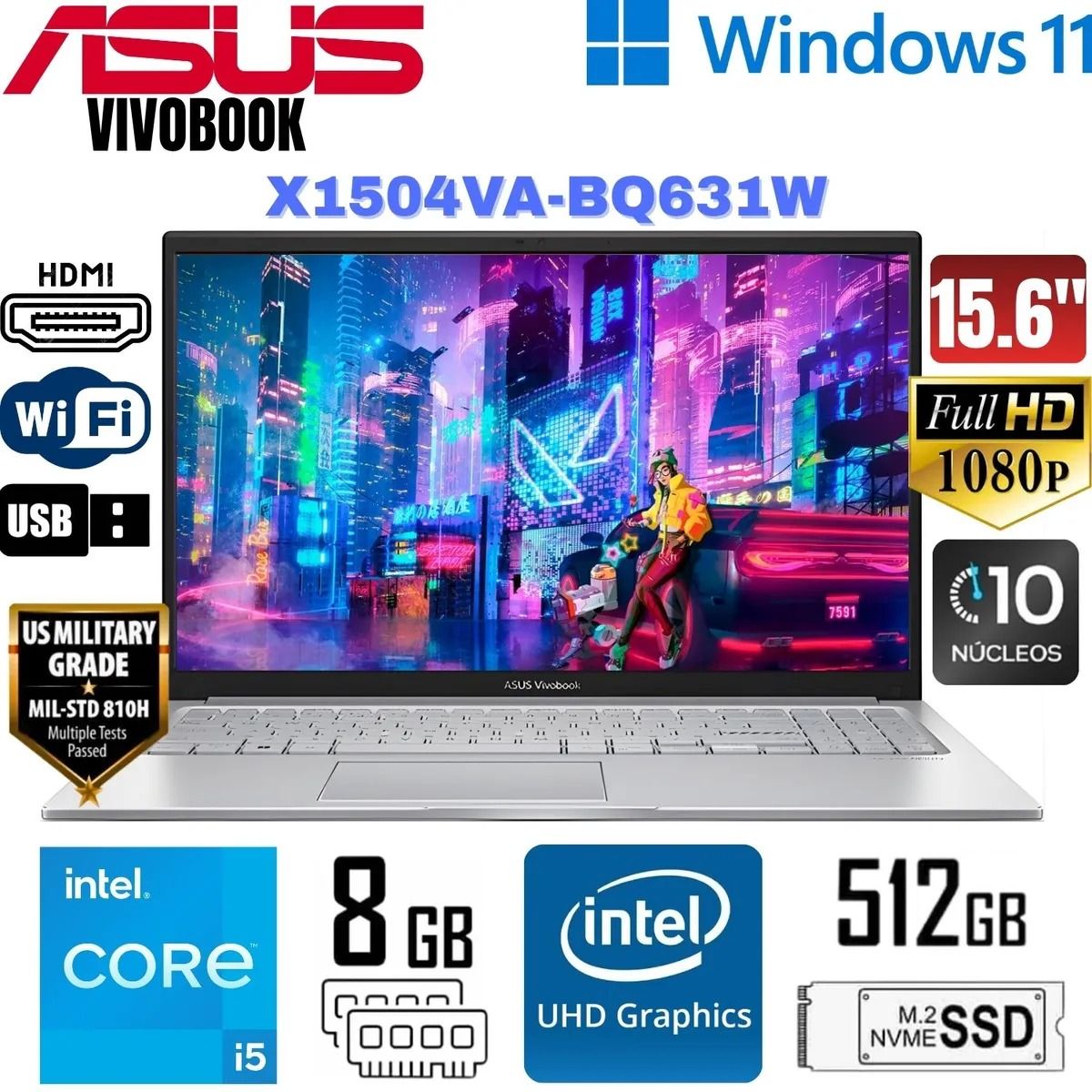 ASUS - Laptop Asus Vivobook X1504VA-BQ631W 15.6" Intel Core 5 120U 512GB 8GB Windows 11 Home