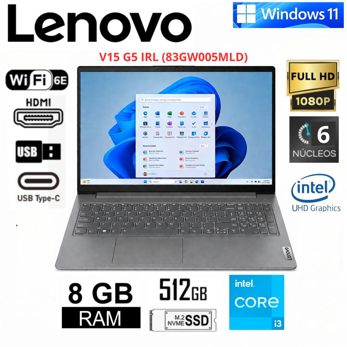 LENOVO - Laptop Lenovo V15 G5 IRL 15.6″ Full HD Intel Core i3-1315U 8GB RAM 512GB SSD Gris W11