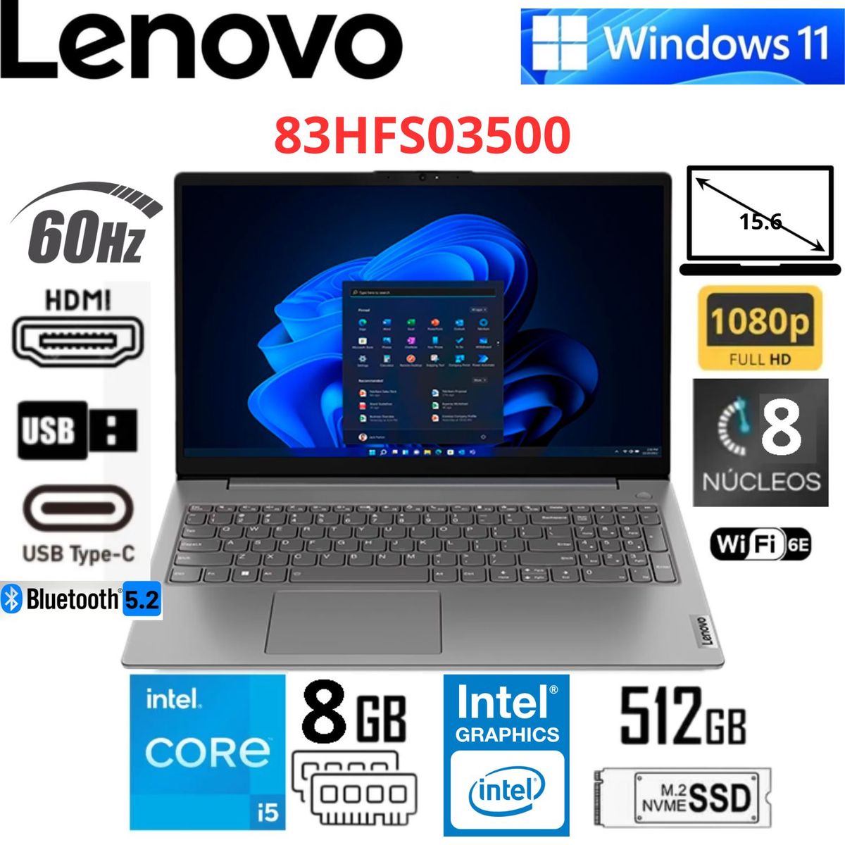 LENOVO - Laptop Lenovo V15 G5 IRL 15.6" FHD, Intel Core 5 210H, 8GB RAM, 512GB SSD, Color Gris