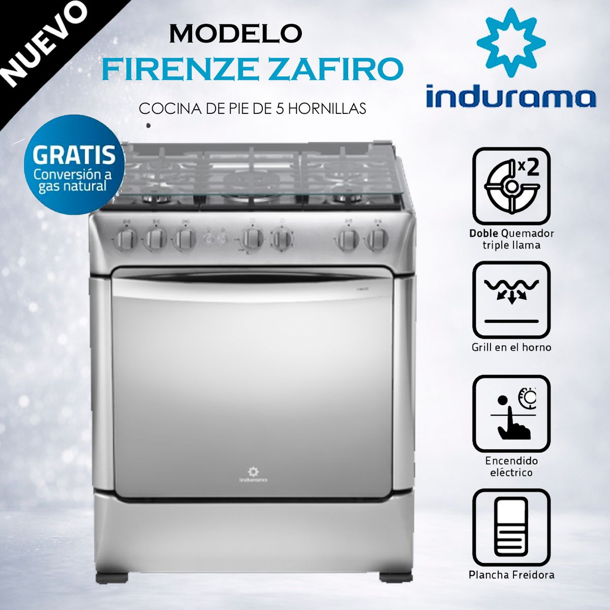INDURAMA - FIRENZE ZAFIRO CROMA - Cocina De Pie 1 Horno 5 Hornillas nox 32" Grill Indurama