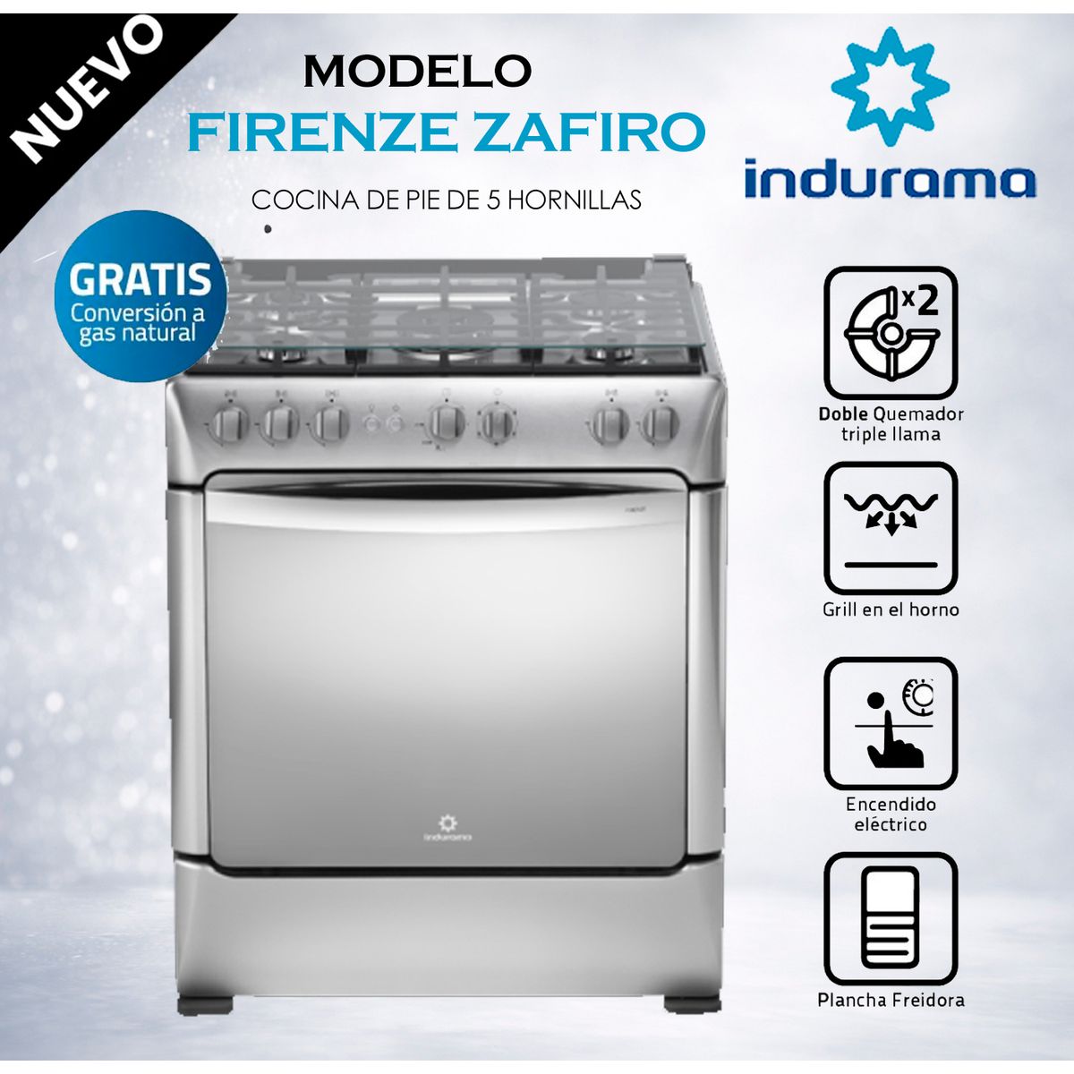 INDURAMA - FIRENZE ZAFIRO CROMA - Cocina De Pie 1 Horno 5 Hornillas nox 32" Grill Indurama