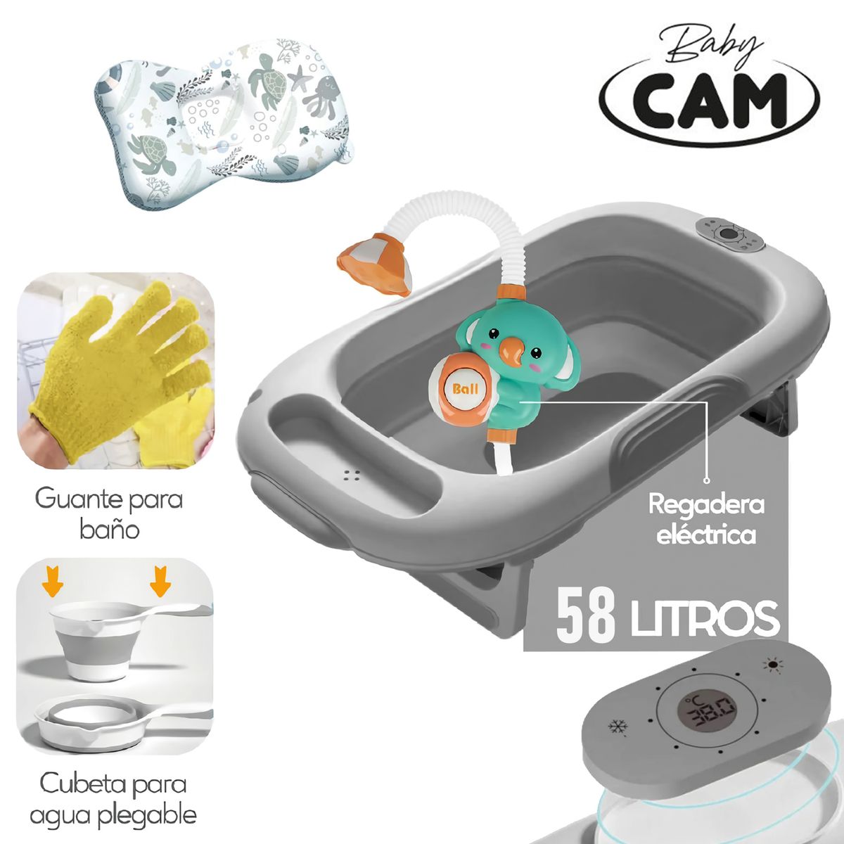 CAM - Bañera Plegable de Bebé  Atlantic 58 Litros Gris