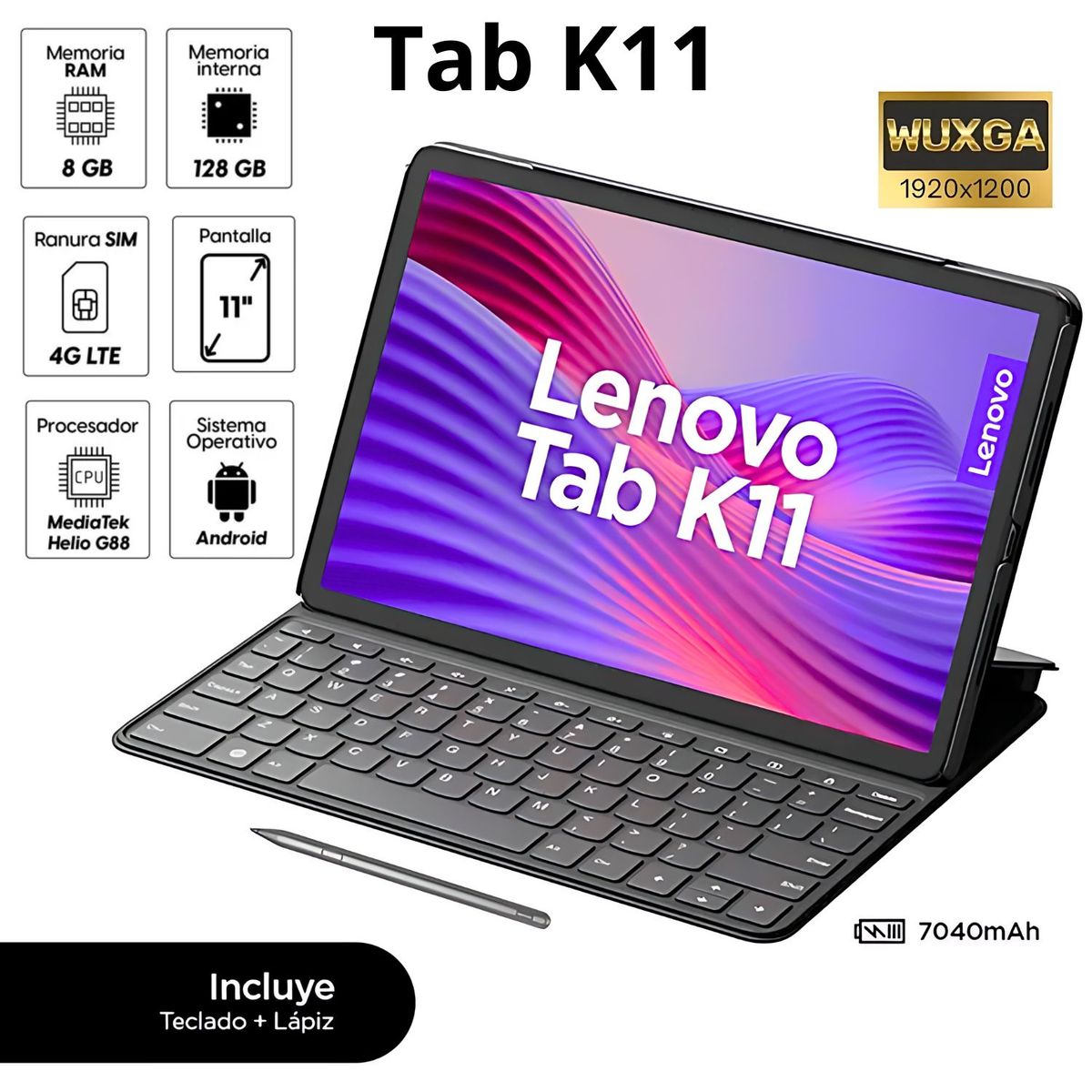 LENOVO - Tablet Lenovo Tab K11 11" WUXGA 90Hz 8GB RAM 128GB 4G LTE Android 13 Luna Grey  ZADK0113PE