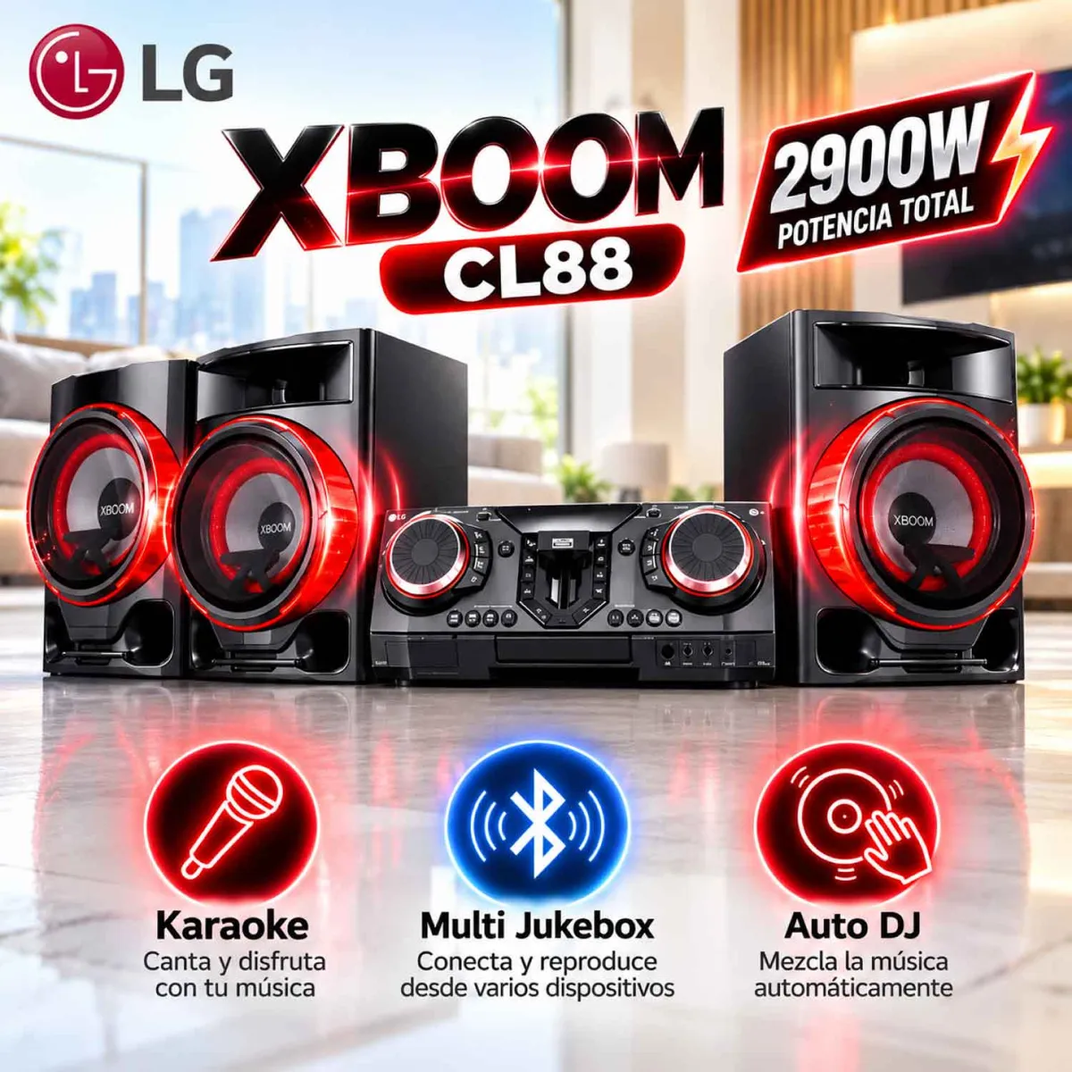 LG - Minicomponente LG XBOOM CL88 2900W, luces multicolor, Karaoke Star, bluetooth y Party Accelerator