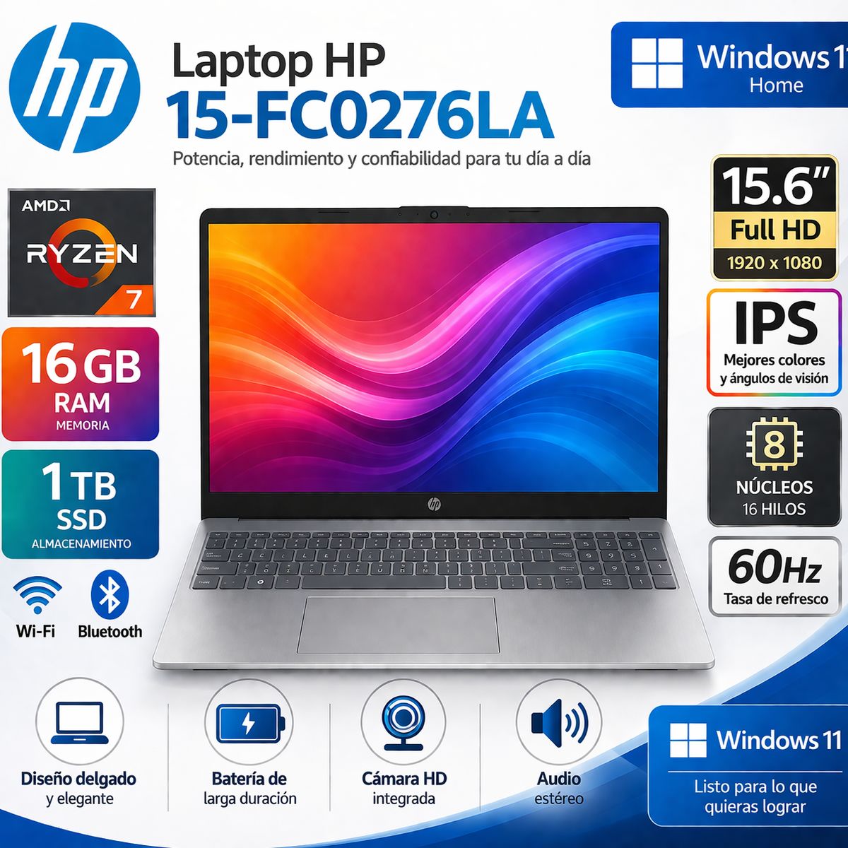 HP - Laptop HP 15-fc0276la, AMD Ryzen 7, 16 GB, 1 TB SSD, 15.6, FHD Windows 11 Home