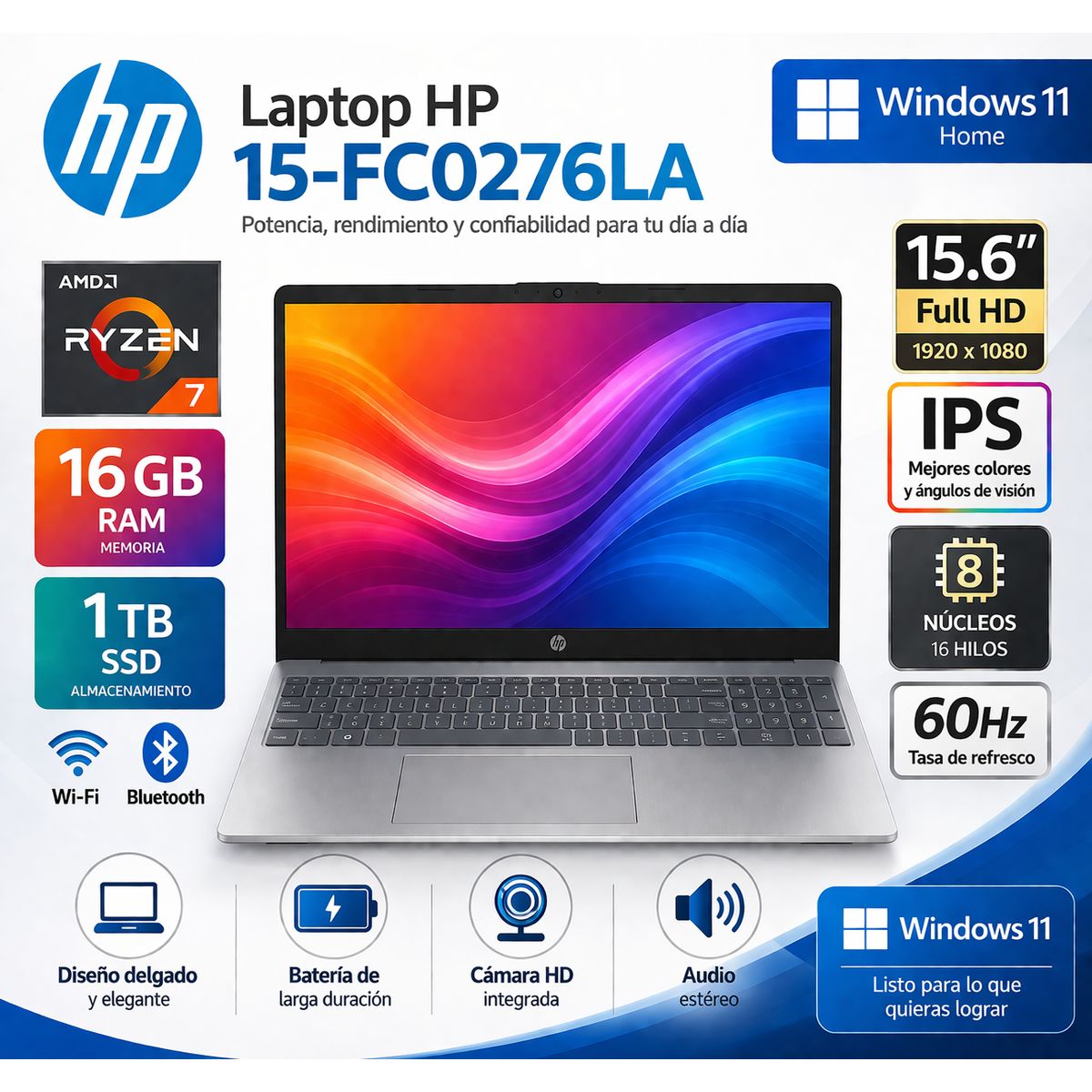 HP - Laptop HP 15-fc0276la, AMD Ryzen 7, 16 GB, 1 TB SSD, 15.6, FHD Windows 11 Home