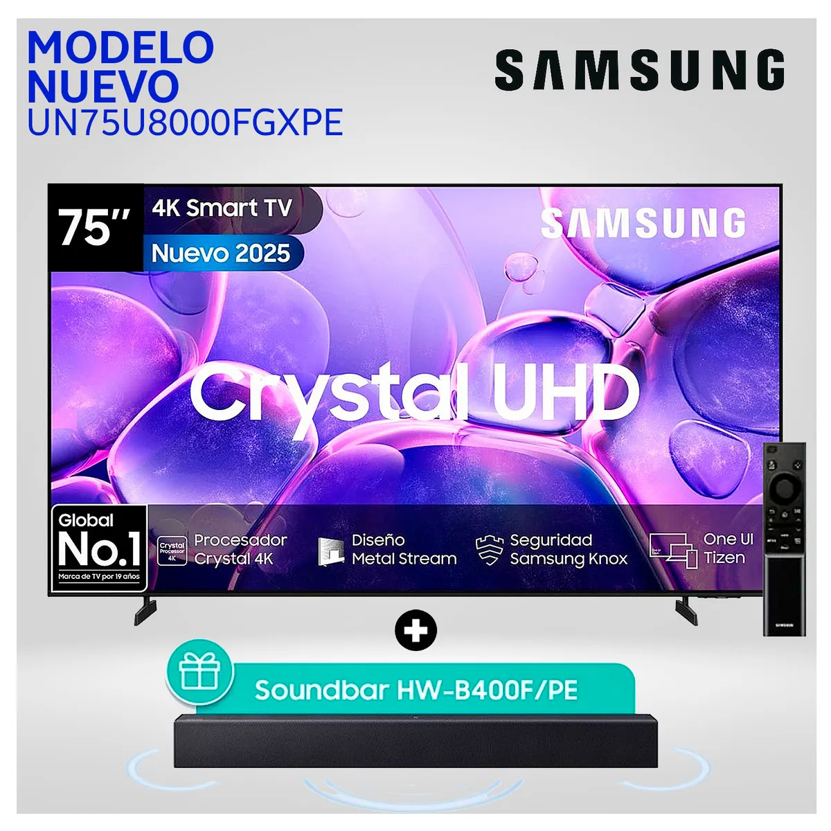 SAMSUNG - Televisor Samsung 75 Pulg. Crystal Smart Tizen TV UHD 4K UN75U8000FG + Soundbar HW-B400
