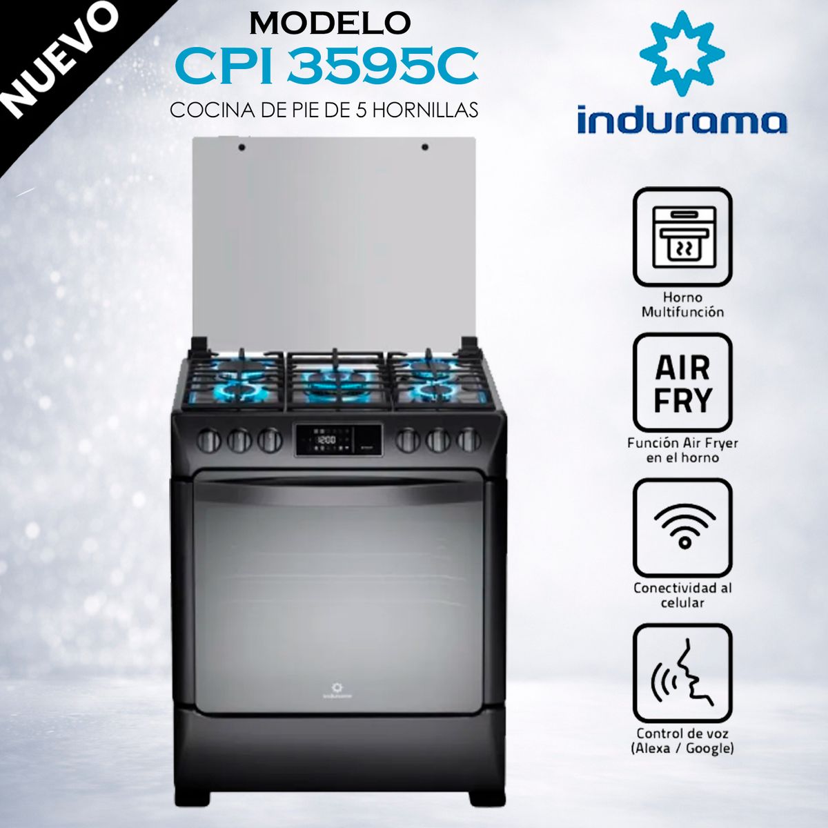 INDURAMA - CPI-3595N - Cocina 5 Quemadores Smart Black Steel Indurama