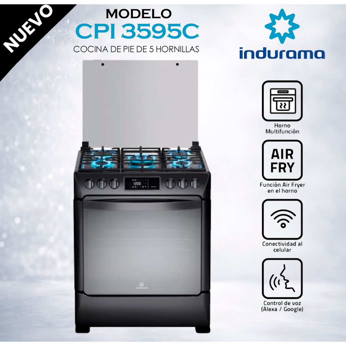 INDURAMA - CPI-3595N - Cocina 5 Quemadores Smart Black Steel Indurama
