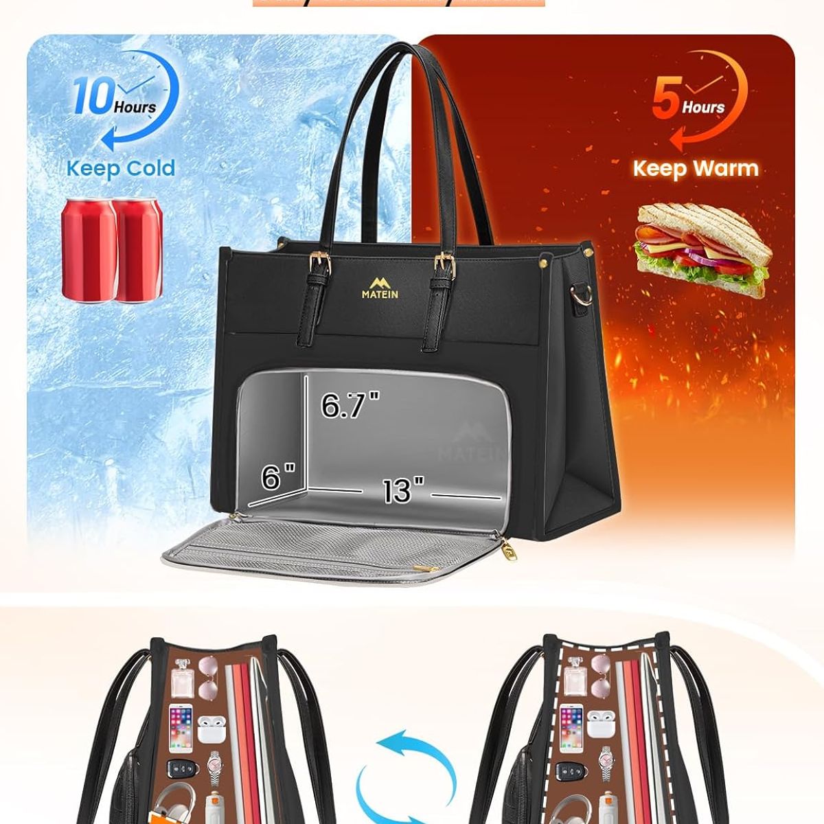 MATEIN - Bolso De Mujer MATEIN Maletin Tote Con Bolsillo Termico y Portalaptop USB Para Trabajo Estudio Viaje