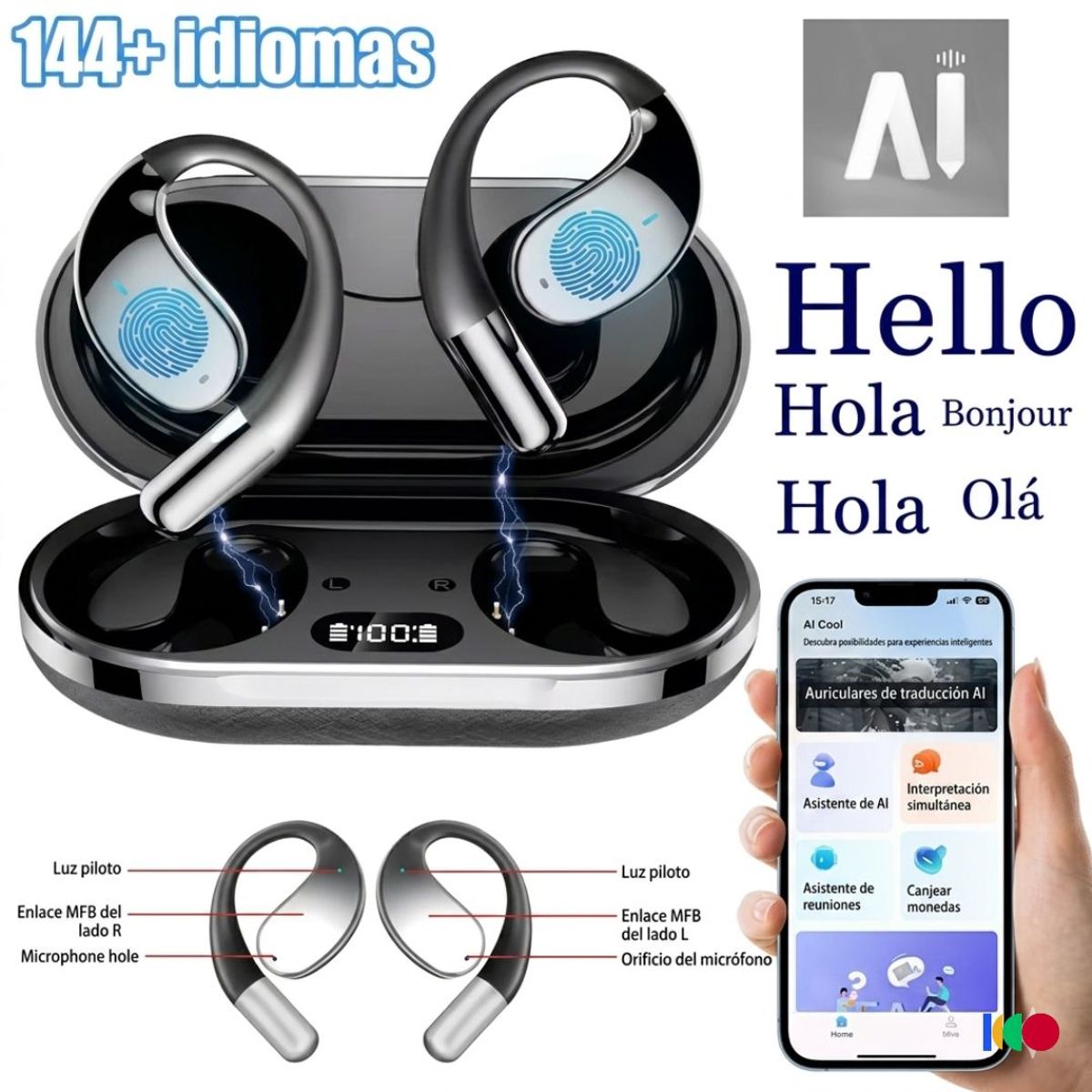 OEM - AUDIFONOS TRADUCTORES EN TIEMPO REAL DE HASTA 144 IDIOMAS CON IA, ANC, IPX4