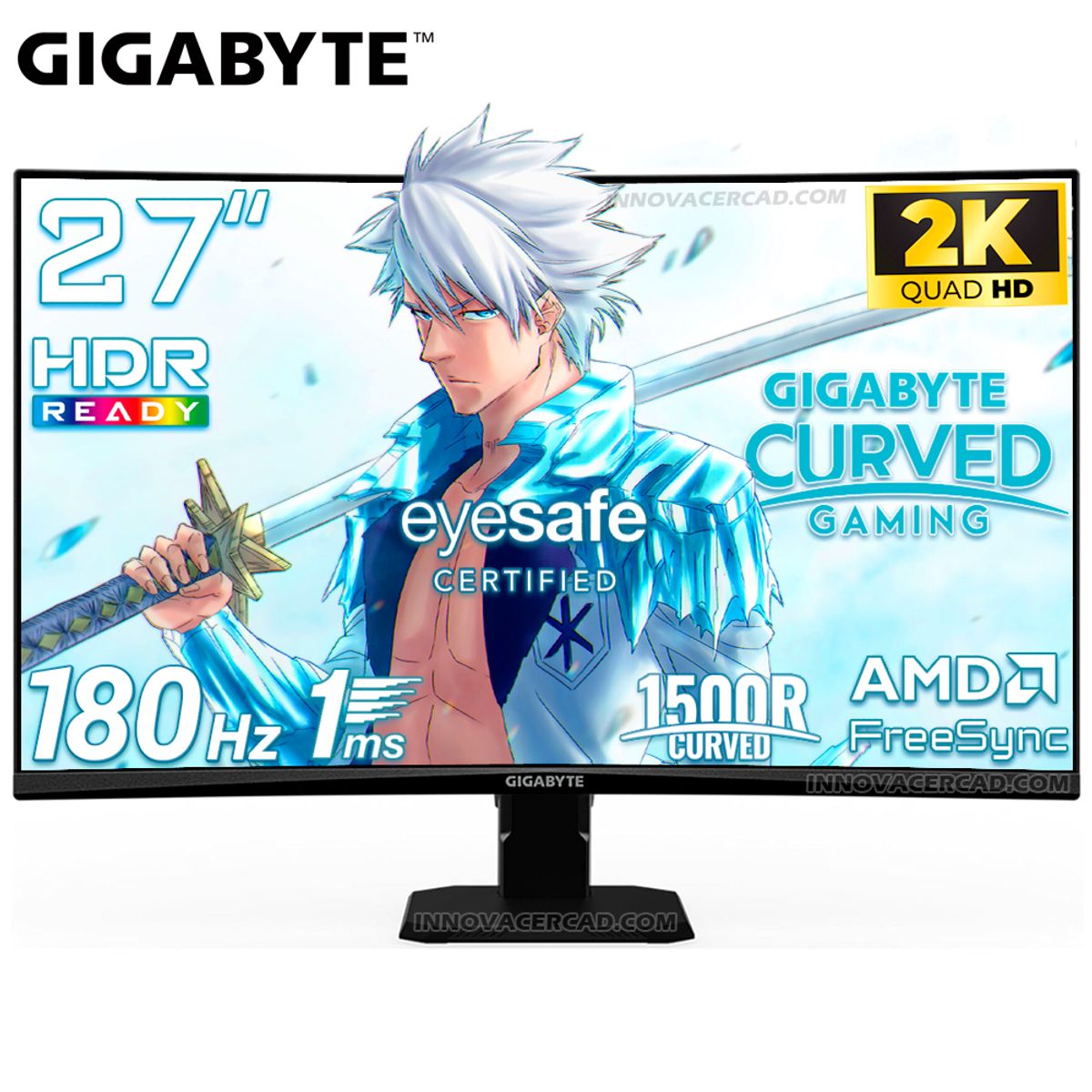 GIGABYTE - Monitor Gigabyte GS27QCA 27 QHD Curved 2K 2560x1440, 180Hz, 1ms, FreeSync, HDR Ready