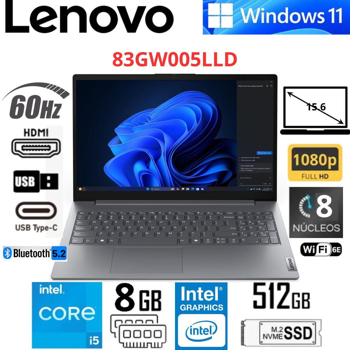 LENOVO - Laptop Lenovo V15 G5 IRL 15.6 FHD, Intel Core i5-13420H, 8GB RAM, 512GB SSD, Color Luna Grey