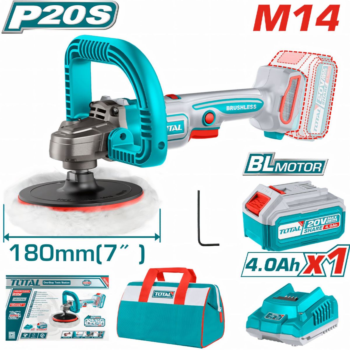 TOTAL TOOLS - PULIDORA ANGULAR 20V BRUSHLESS 180MM M14 + BATERÍA 4.0AH  TAPLI20181