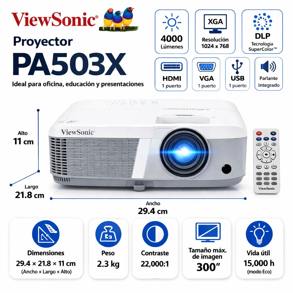 VIEWSONIC - Proyector ViewSonic PA503X 3800 Lúmenes XGA HDMI VGA Blanco
