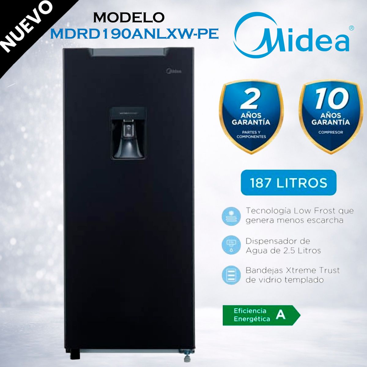 MIDEA - MDRD190ANLXW-PE - Refrigeradora Jazz Black 187Lt Frost 1 Puerta Midea