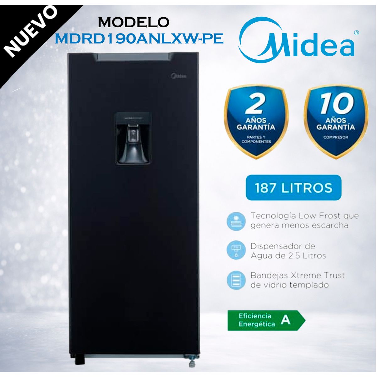 MIDEA - MDRD190ANLXW-PE - Refrigeradora Jazz Black 187Lt Frost 1 Puerta Midea