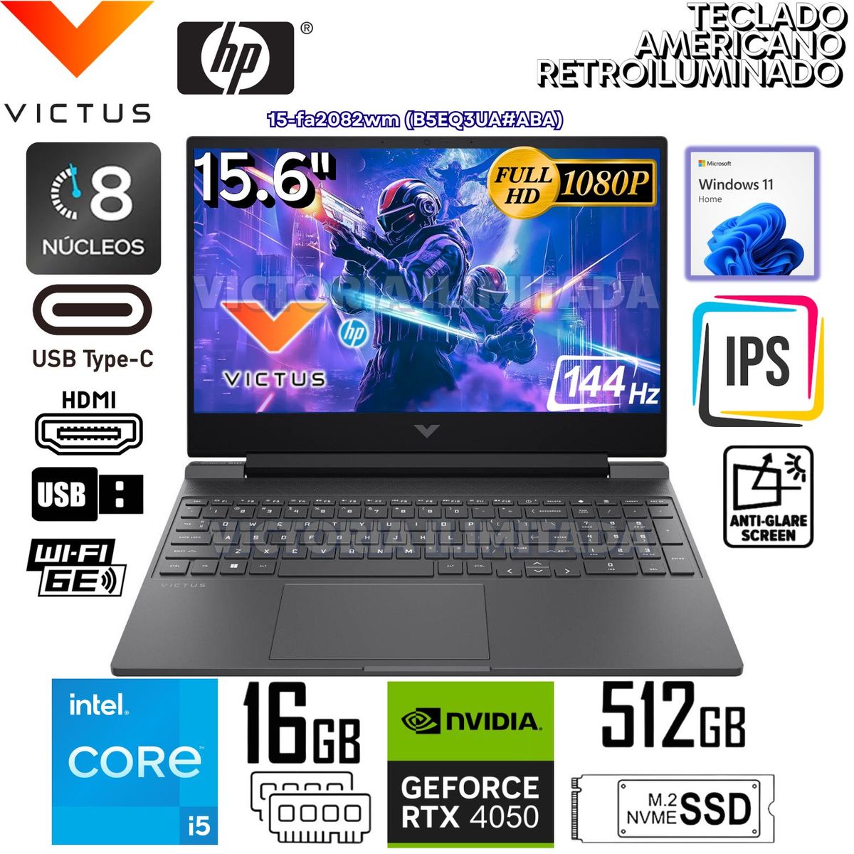 HP - Laptop HP Victus Gaming 15-FA2082WM Intel Core i5-13420H 16GB RAM 512GB SSD RTX 4050-6GB 15.6 FHD