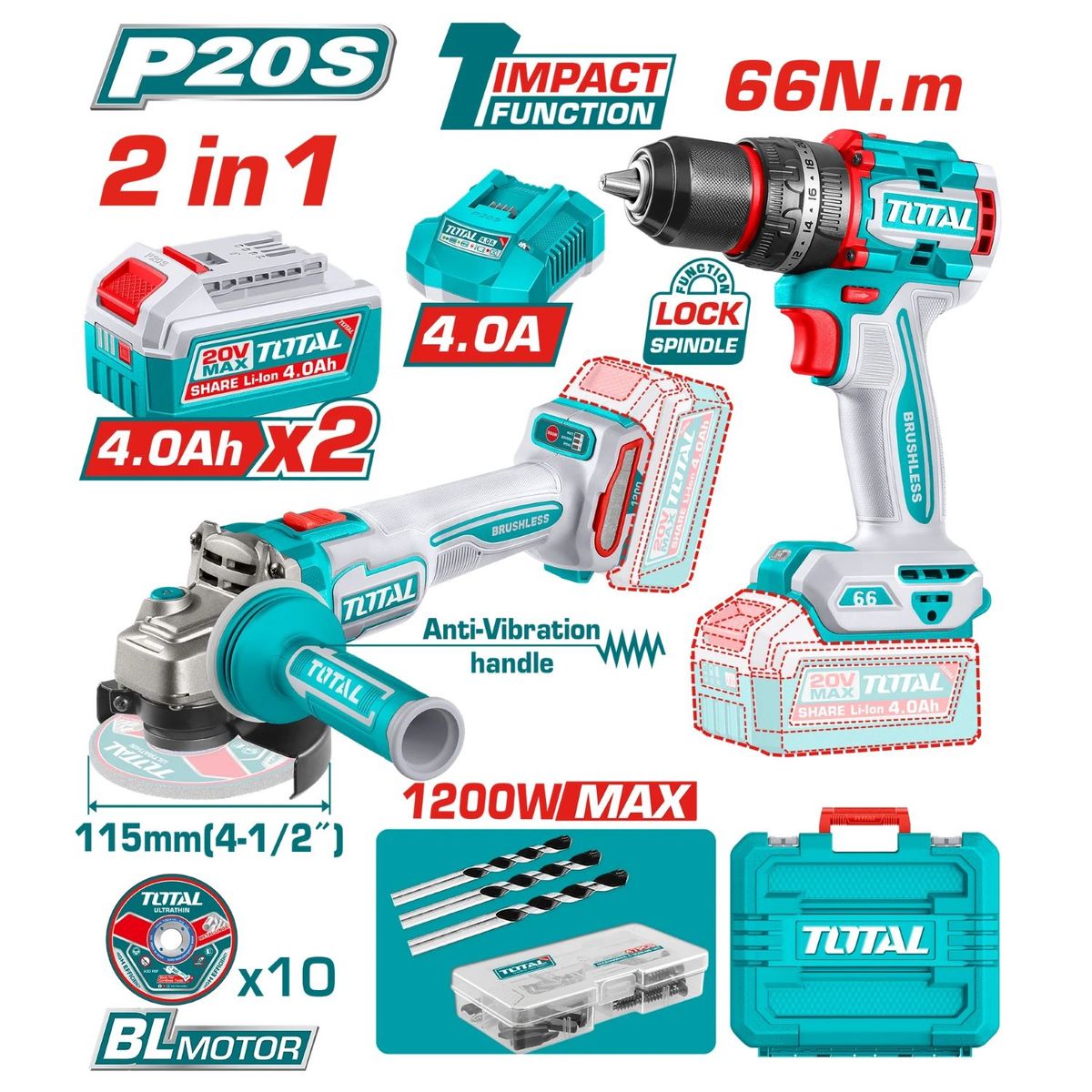TOTAL TOOLS - TALADRO 66NM 20V Y AMOLADORA 1200W ANGULAR EN MALETA-TCKLI20256
