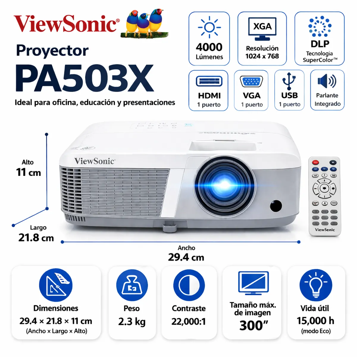 VIEWSONIC - Proyector ViewSonic PA503X 3800 Lúmenes XGA HDMI VGA Blanco