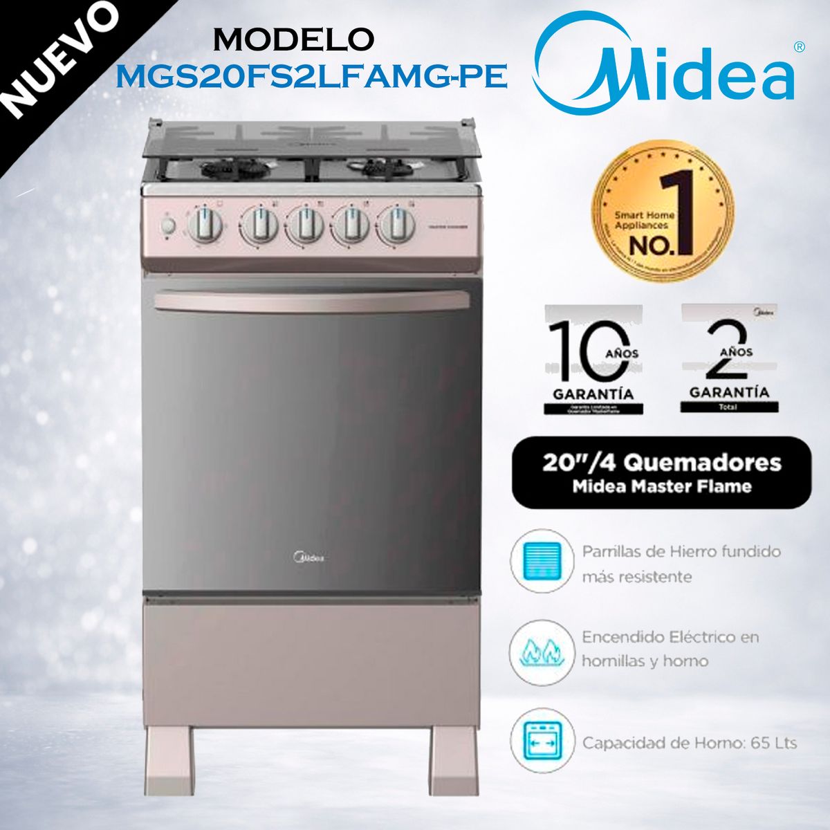 MIDEA - MGS20FS2LFAMG-PE - Cocina De Pie 1 Horno 4 Hornillas, Mastercook Plus 20'' Gris Midea