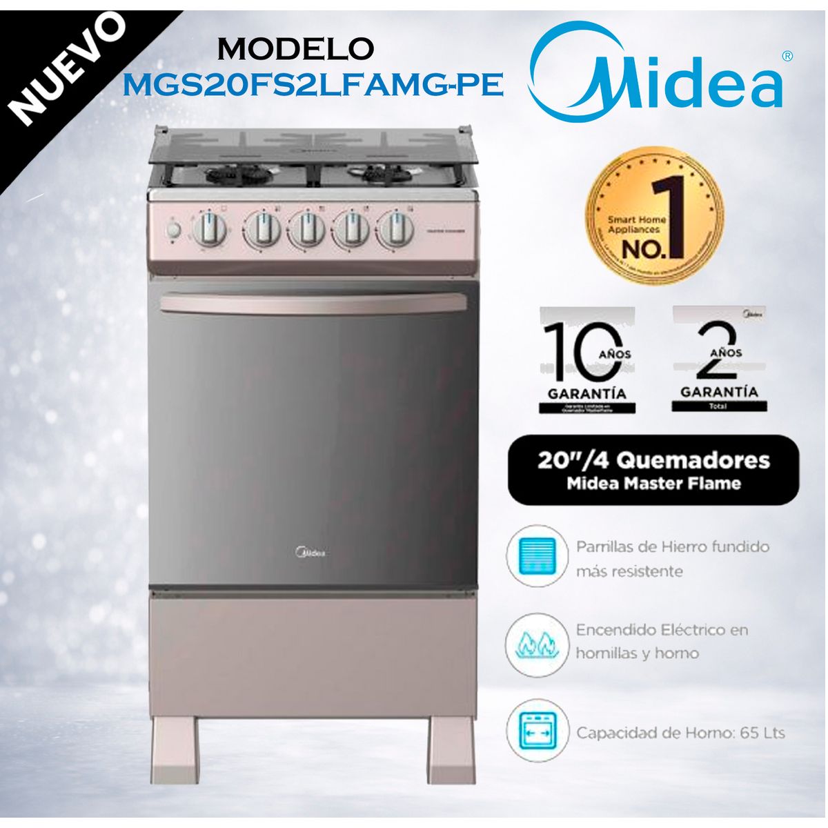 MIDEA - MGS20FS2LFAMG-PE - Cocina De Pie 1 Horno 4 Hornillas, Mastercook Plus 20'' Gris Midea