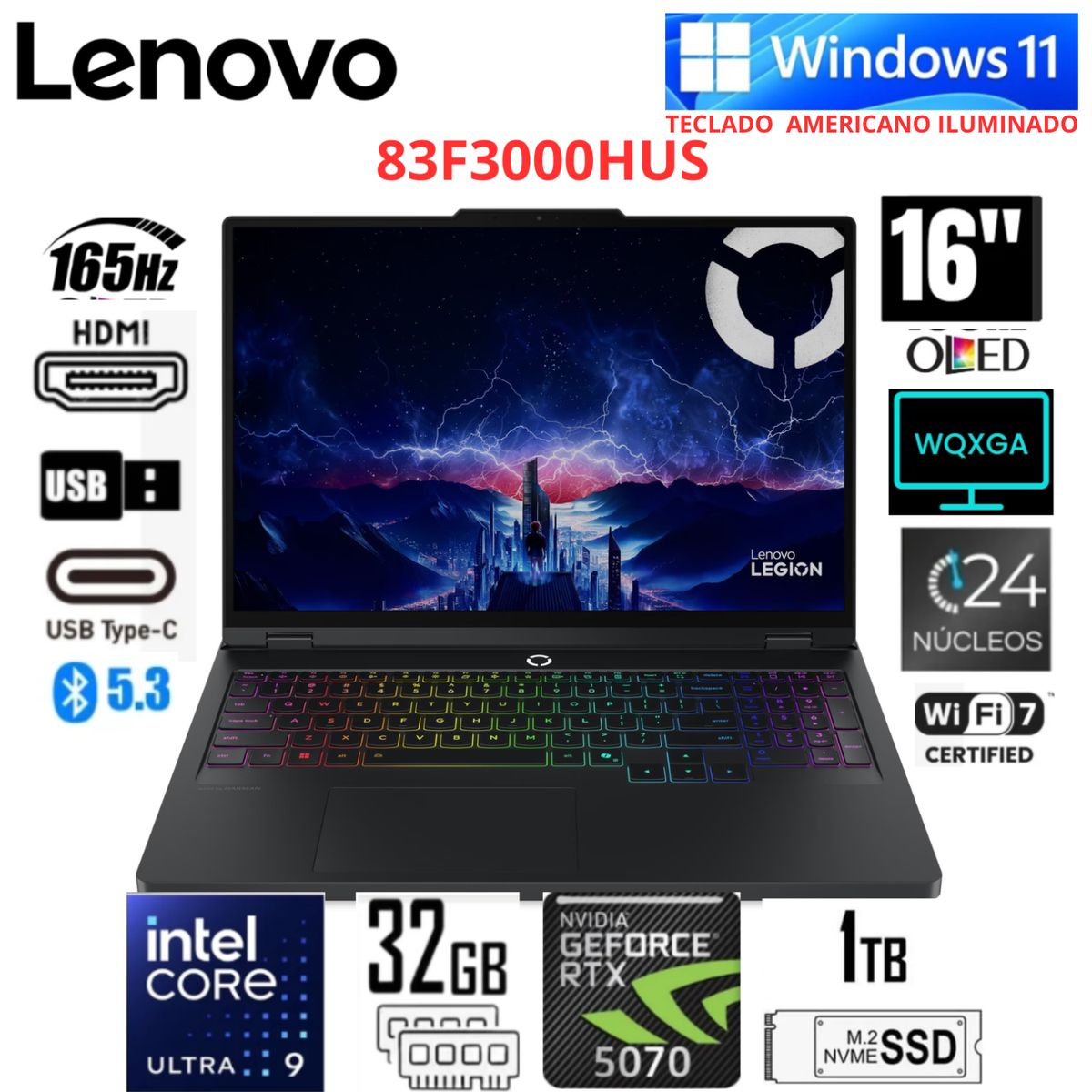 LENOVO - Laptop Lenovo Legion Pro 5i 16" OLED  Intel Core Ultra 9 275HX RTX 5070 32GB RAM 1TB SSD 83F3000HUS