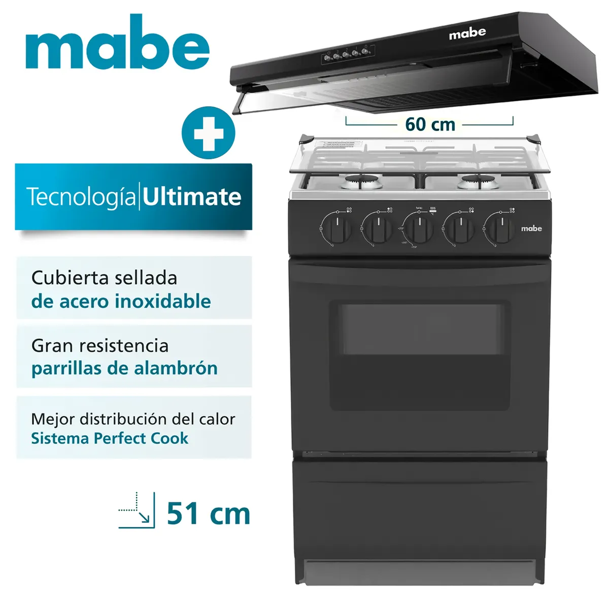 MABE - Cocina Mabe de Piso a Gas Negro EMP2000AN0 + Campana CMU6020PB0 60 CM