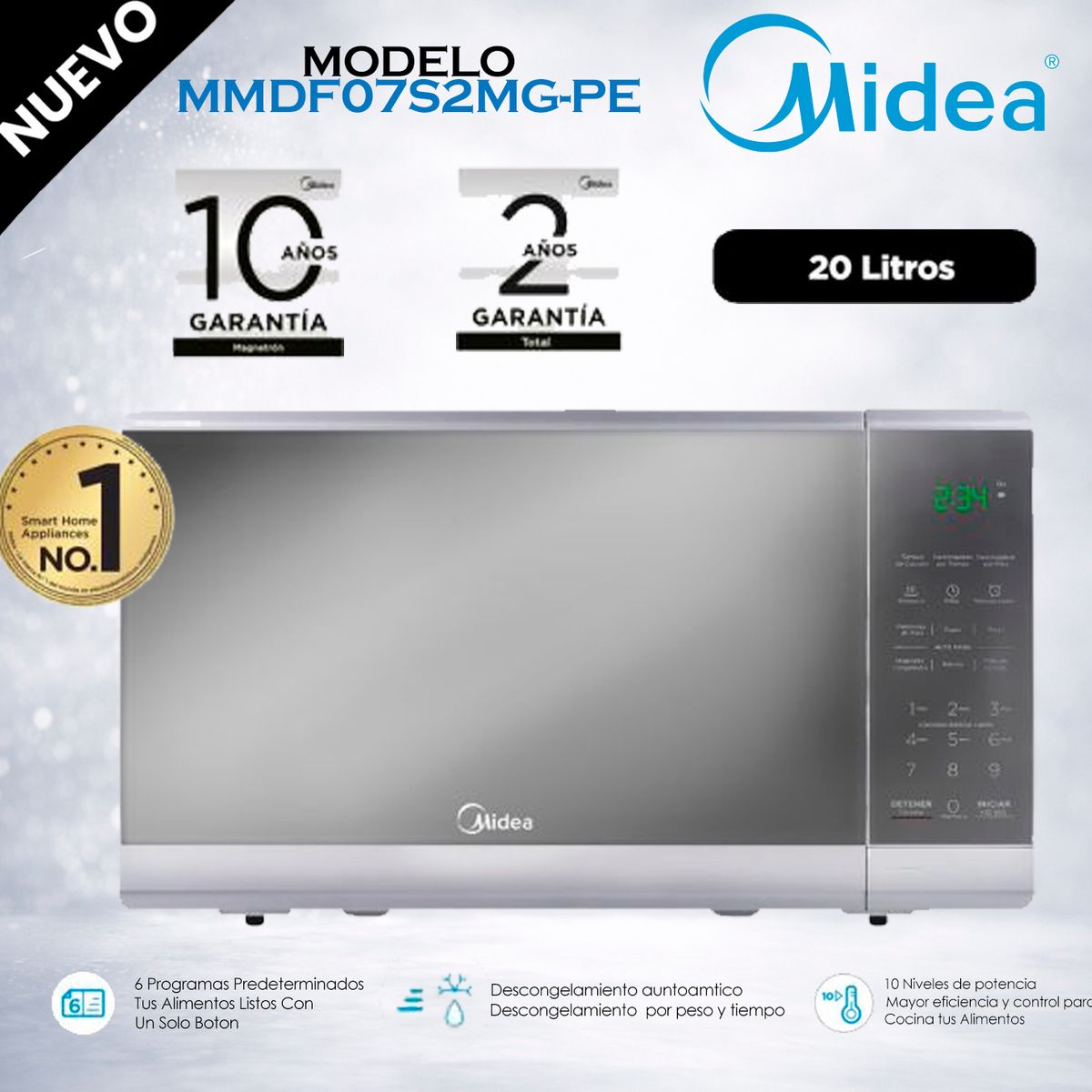 MIDEA - MMDF07S2MG-PE - Horno Microondas 20L Color Gris Puerta Espejo Midea