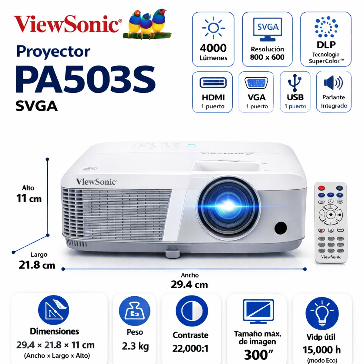 VIEWSONIC - Proyector ViewSonic PA503S 4000 Lúmenes SVGA (800x600) HDMI VGA Blanco