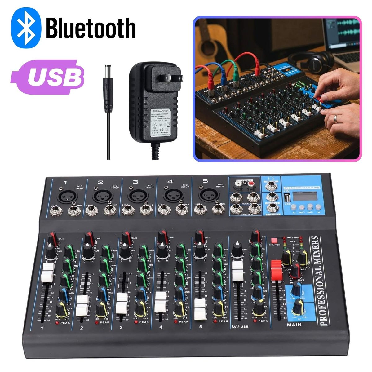SEISA - Consola Mezcladora De Audio Portátil 7 Canales Bluetooth Entrada USB Control  de Audio