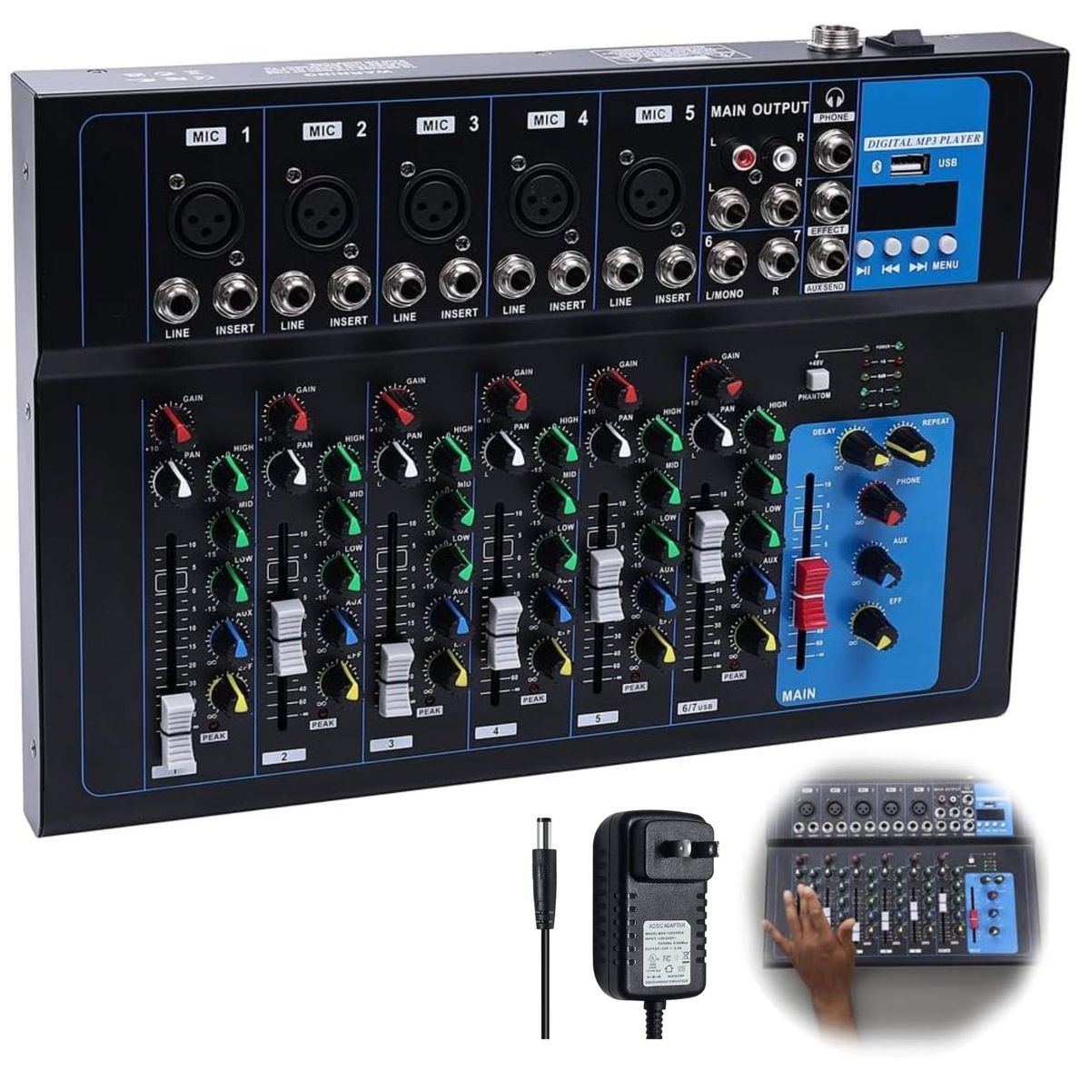 SEISA - Consola Mezcladora De Audio Portátil 7 Canales Bluetooth Entrada USB Control  de Audio