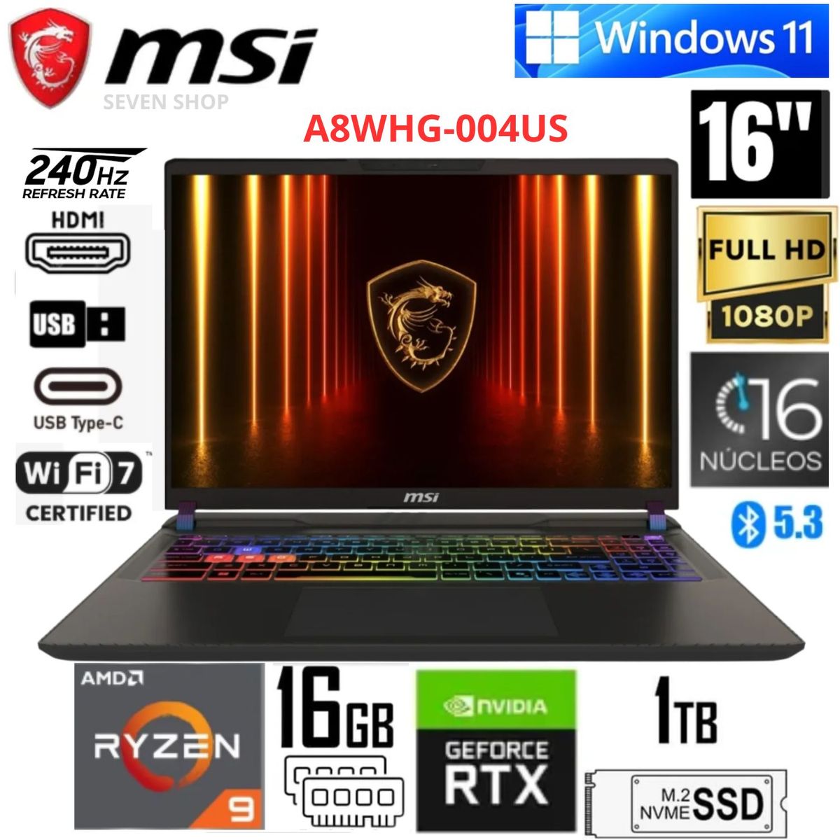 Msi - Laptop Gamer MSI Vector A16HX 16" 240hz Ryzen™ 9 8940HX 16GB DDR5 1TB SSD RTX™ 5070 Ti